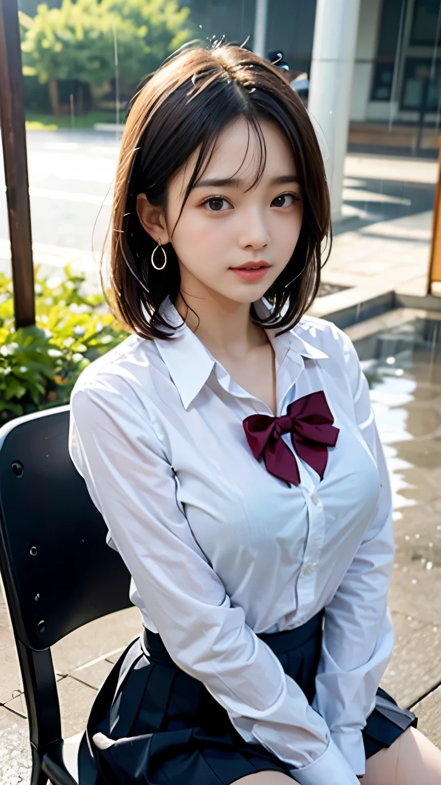 (masterpiece, highest quality:1.2), 8K, official art, RAW photo, incredibly absurd, (whole body, high school uniform:1.4), beautiful girl, 18-year-old、cute face, arch back, white shirt、navy pleated skirt, close, , long sleeve, gardenia, violaces, pool、sit on a chair、looking at the viewer, film grain, chromatic aberration, sharp focus, face light, dynamic lighting, cinematic lighting, detailed eyes and face, background bokeh, (1 dark red bow tie:1.2)、(heavy rain、dark sky:1.5)、one girl、blush、look at the viewer、(huge breasts:1.2)、wet hair、shiny hair、wet face、wet skin、wet body、wet costume、flower、hairpin、necklace、earrings、Depth of bounds written、尖ったred mouth、red mouth,clavicle、beautiful fingers、Loosen your tie、cute wet face、Wet clothes that stick to your chest、Wet and see-through clothes、short hairstyle