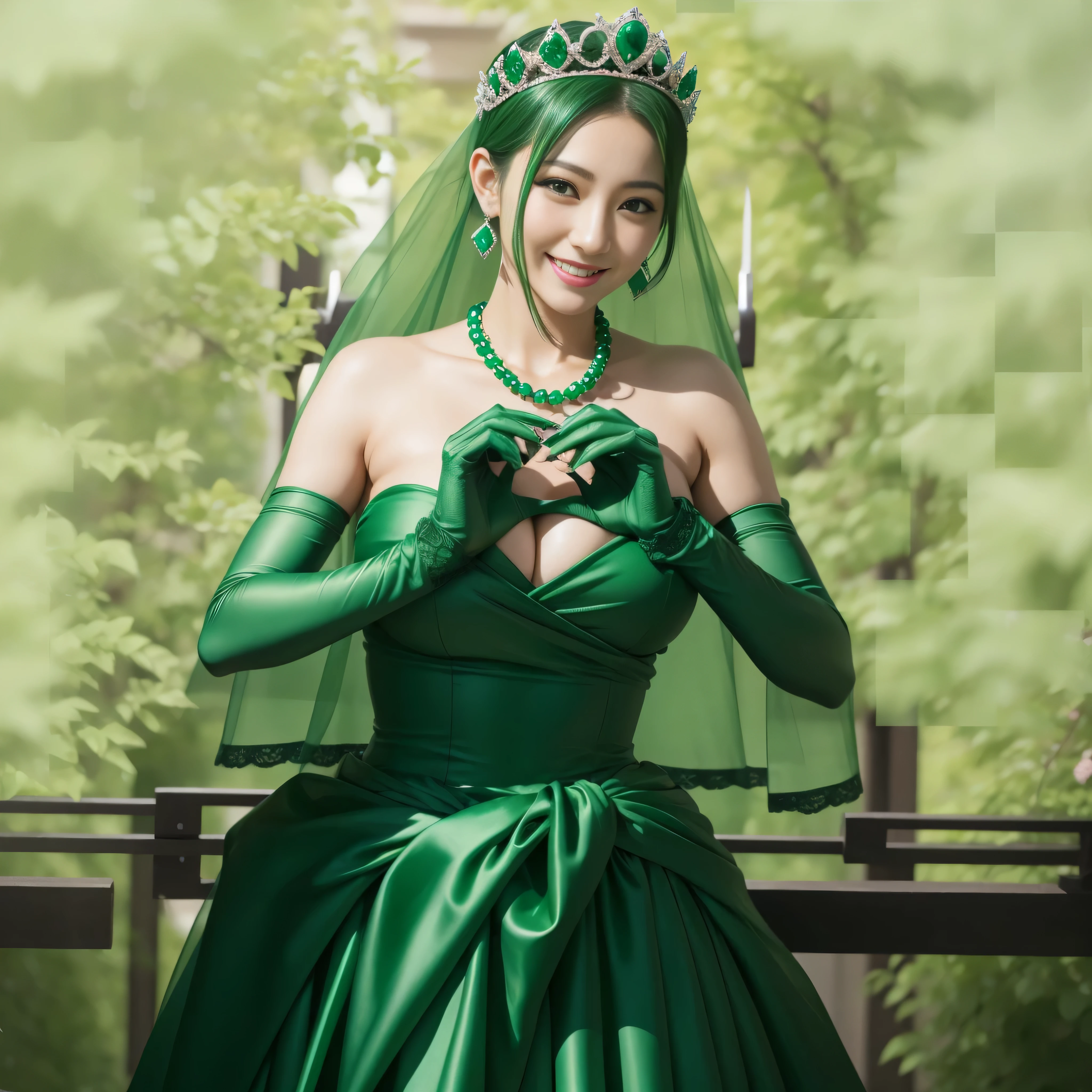 emerald tiara, green pearl necklace, ボーイッシュな非常に短いgreen hair, lipstick, smiling Japanese woman, very short hair,  Beauty with large breasts, green eyes, Long Green Satin Gloves, green eyes, emerald earrings, green veil, heart with both hands, green hair, Beautiful Japan woman in her 30s