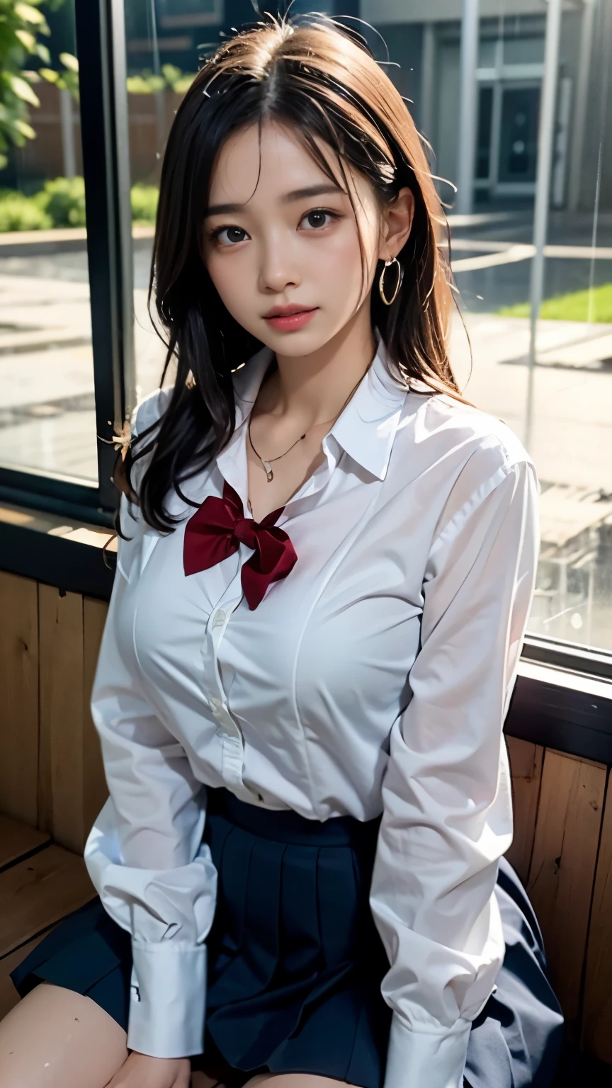 (masterpiece, highest quality:1.2), 8K, official art, RAW photo, incredibly absurd, (whole body, high school uniform:1.4), beautiful girl, 18-year-old、cute face, arch back, white shirt、navy pleated skirt, close, , long sleeve, gardenia, violaces, pool、sit on a chair、looking at the viewer, film grain, chromatic aberration, sharp focus, face light, dynamic lighting, cinematic lighting, detailed eyes and face, background bokeh, (1 dark red bow tie:1.2)、(heavy rain、dark sky:1.5)、one girl、blush、look at the viewer、(huge breasts:1.2)、wet hair、shiny hair、wet face、wet skin、wet body、wet costume、flower、hairpin、necklace、earrings、Depth of bounds written、尖ったred mouth、red mouth,clavicle、beautiful fingers、Loosen your tie、cute wet face、Wet clothes that stick to your chest、Wet and see-through clothes、short hairstyle