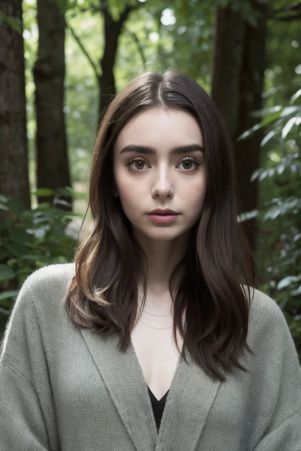 lily jane collins vestita con una veste a strascico, fatta di rami e foglie del colore bianco e celeste. lily jane collins ha i capelli lunghi celesti con una linea di capelli bianchi dalla fronte sino alla schiena. i capelli arrivano sino al bacino,gli occhi di lily jane collins sono verde acqua, ha due gioielli sulle orecchie che le danno l'aspetto di un elfo ha le unghie corte e gentili, ha lo sguardo triste e sommesso, ama vagare tra i boschi e perdersi nelle foreste, a volte manca per anni dalla sua casa nel Sacro Bosco. usa leggere libri stranamente inquietanti, trattati di gente avvezza allo spiritismo, conosce anche la stregoneria e la magia nera, ma non l'ha mai praticata, è la dea delle cascate e ama entrare nei luoghi ove queste vivono. 