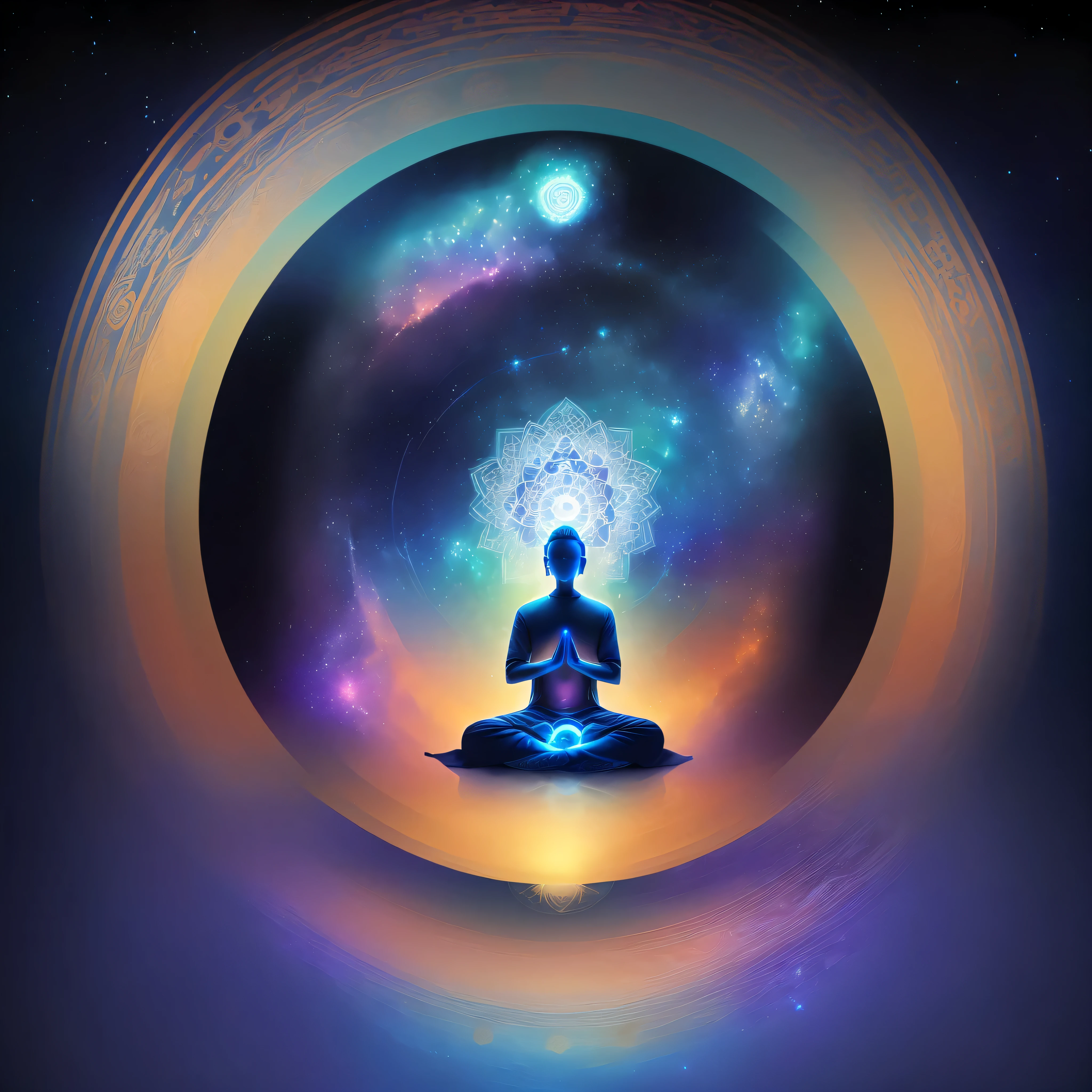 art work, galaxy sky, a man is meditating with lotus Night sky background, Deep sea background、((a Mandala)、Blue and light blue background, holographic texture, pastels, Fade effect, Abstract background