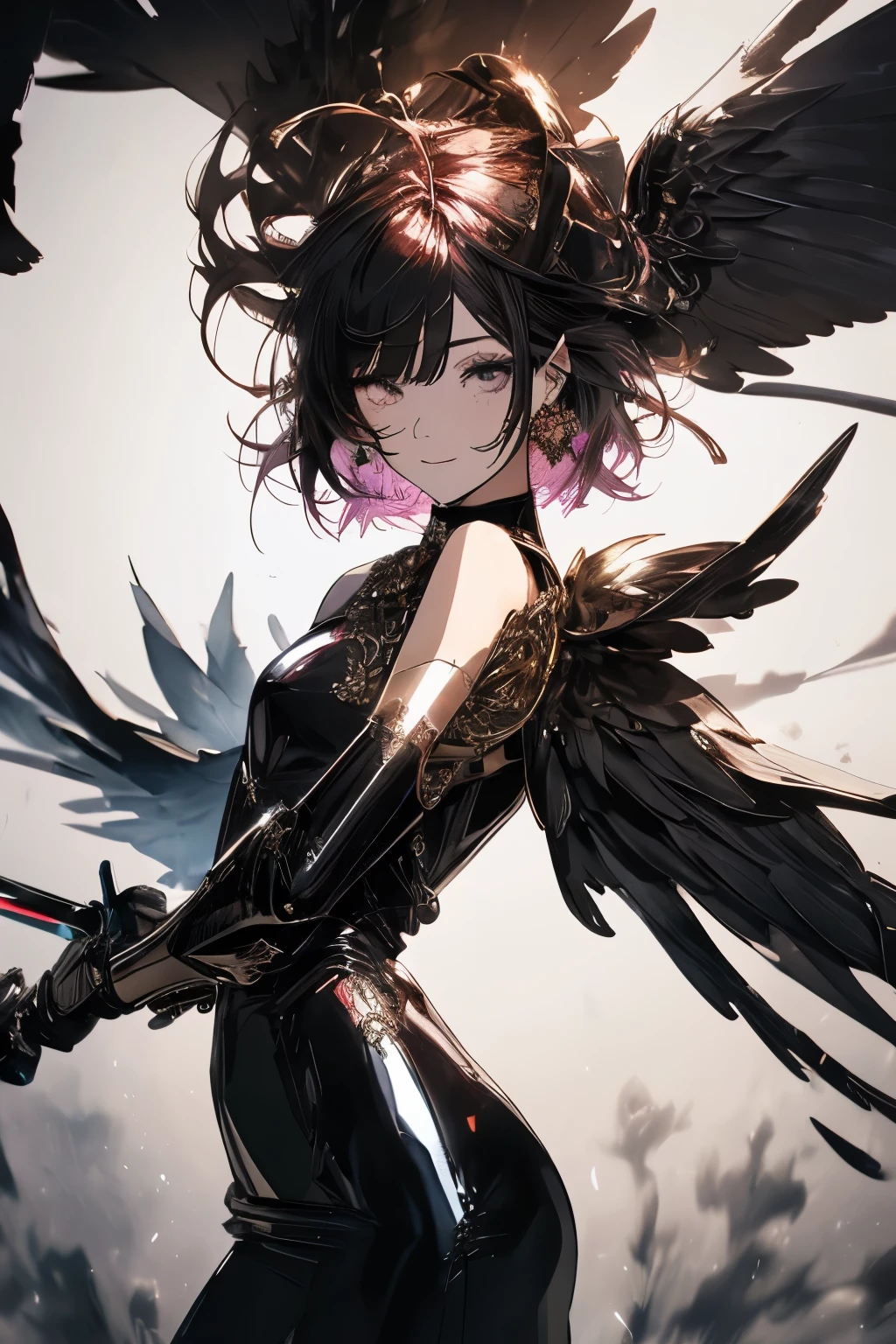 masutepiece,Best Quality,the Extremely Detailed CG Unity 8K Wallpapers,Illustration,。.3D,Realistic body,{awesome details},[Hyper Detailed],[ultra-detailliert],{many layers},Beautiful hair,Beautiful eyes,glistening shining skin,intense shadow,Official art,sketch,masutepiece,Best Quality,Illustration,100000000k, {Best Quality,Illustration}, girl, tiny chest, Short hair, Simple eyes, mechanical suit, mechanical wings, Black Shinny Satin Latex Dress, Shoulder Armor Gauntlet, {{{{{Hand holding a shining mechanical sword, Holding a shining mechanical sword in his hand}}}}}, Dynamic Angle, blood pool, heaps of corpses