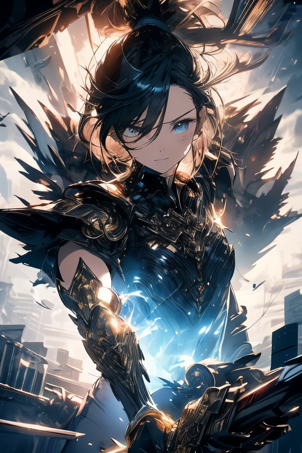 masutepiece,Best Quality,the Extremely Detailed CG Unity 8K Wallpapers,Illustration,。.3D,Realistic body,{awesome details},[Hyper Detailed],[ultra-detailliert],{many layers},Beautiful hair,Beautiful eyes,glistening shining skin,intense shadow,Official art,sketch,masutepiece,Best Quality,Illustration,100000000k, {Best Quality,Illustration}, girl, tiny chest, Short hair, Simple eyes, mechanical suit, mechanical wings, Black Shinny Satin Latex Dress, Shoulder Armor Gauntlet, {{{{{Hand holding a shining mechanical sword, Holding a shining mechanical sword in his hand}}}}}, Dynamic Angle, blood pool, heaps of corpses