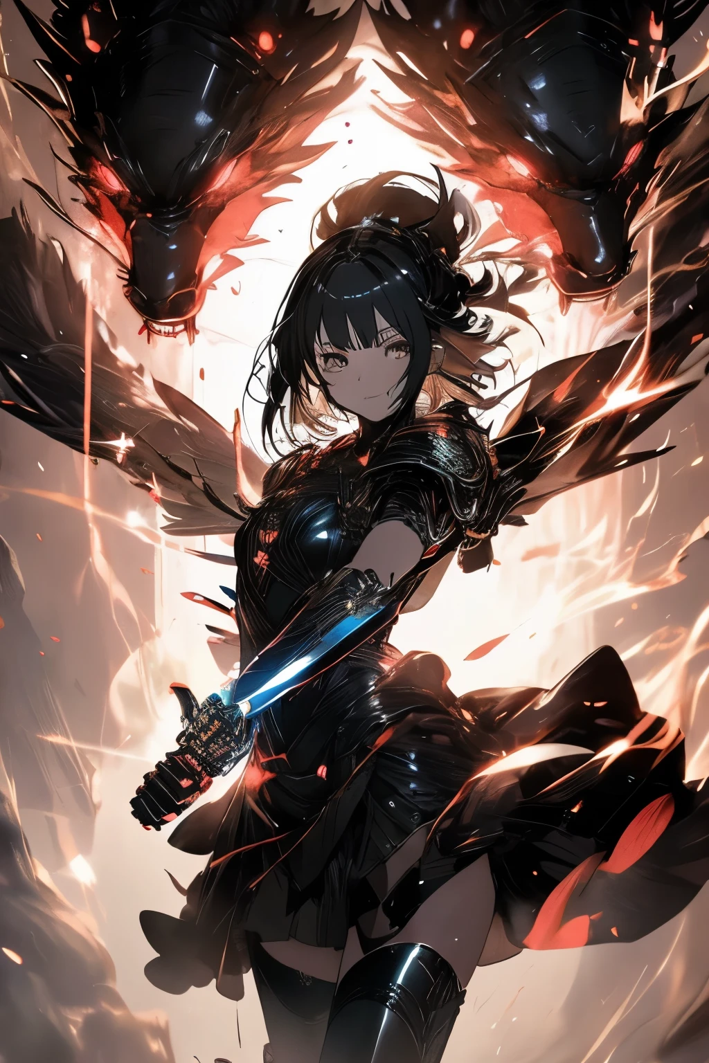 masutepiece,Best Quality,the Extremely Detailed CG Unity 8K Wallpapers,Illustration,。.3D,Realistic body,{awesome details},[Hyper Detailed],[ultra-detailliert],{many layers},Beautiful hair,Beautiful eyes,glistening shining skin,intense shadow,Official art,sketch,masutepiece,Best Quality,Illustration,100000000k, {Best Quality,Illustration}, girl, tiny chest, Short hair, Simple eyes, mechanical suit, mechanical wings, Black Shinny Satin Latex Dress, Shoulder Armor Gauntlet, {{{{{Hand holding a shining mechanical sword, Holding a shining mechanical sword in his hand}}}}}, Dynamic Angle, blood pool, heaps of corpses