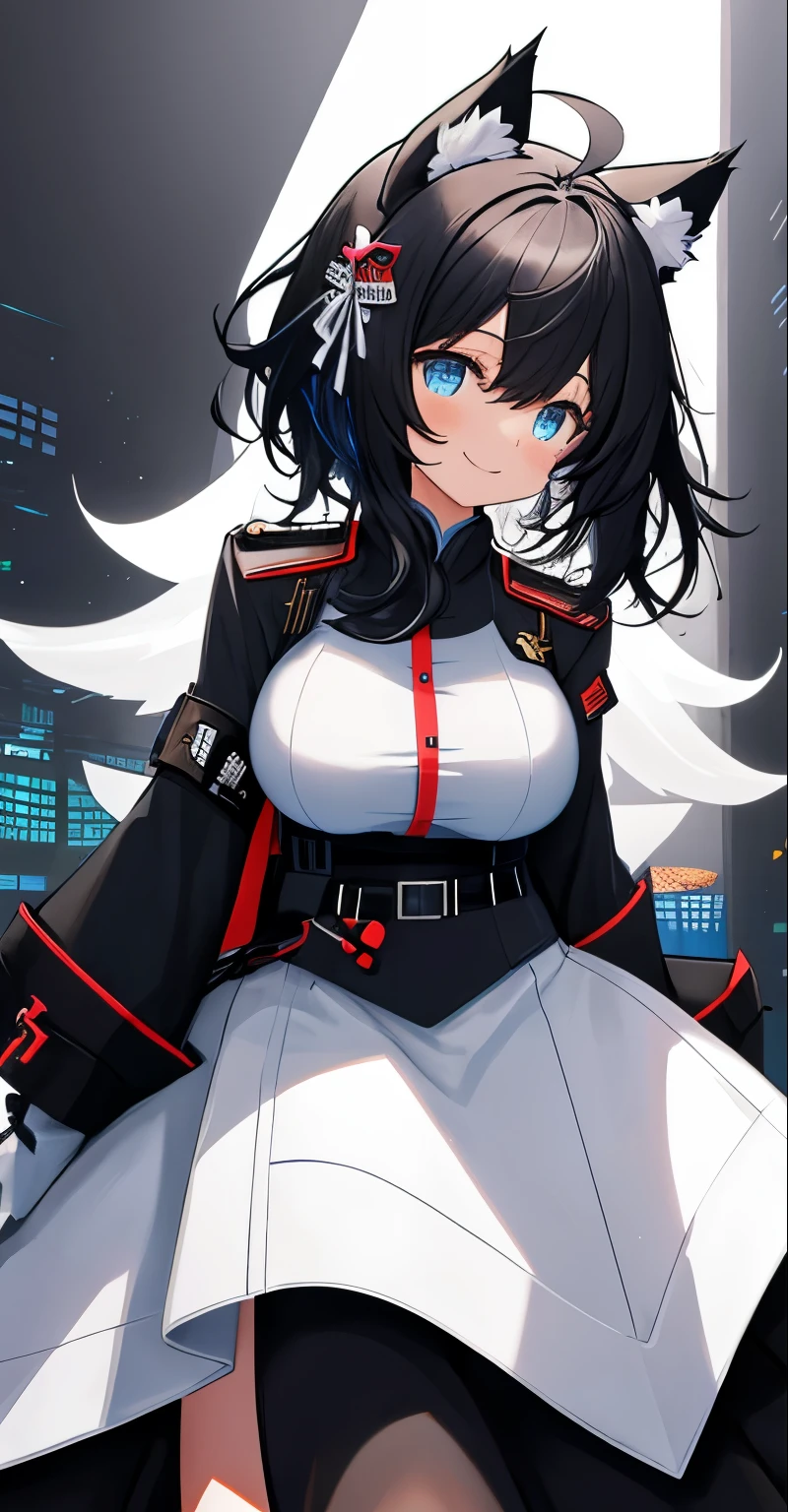 on lap,((((upright)))), ((((arm to the side)))), looking at the viewer, simple background、white background, 1 girl, open your mouth, smile, Virtual YouTuber、with a girl、((highest quality, expensive_solve, clear_image)),(black hair), (black cat ears), (Ahoge), (ridiculously short hair), (wavy hair), (blue eyes),、laughter、very big breasts,concept art、((show viewer))。Black military uniform。long sleeve