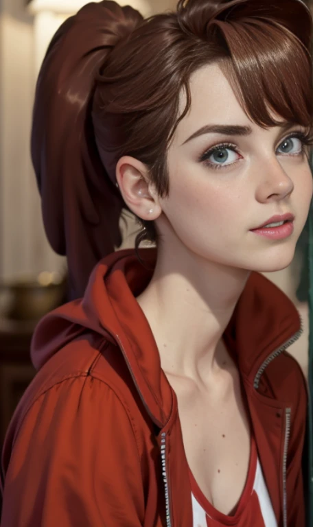 Photo of a 15 year-old American girl, .RAW, beautiful woman, (Long brown hair with ponytail), light brown hair ponytail hairstyle((retrato)), ((Cara detallada:1.2)), ((Detailed facial features)), (Piel finamente detallada), Pale skin , ojos azules , ropa de in invierno , chaqueta rojo tipo gabardina , guantes rojos 、Un sexy(cool color), humid, humid, Reflectoreasutepiece) (proporciones perfectaotos realistas)(La mejor calidad) (Detallado) fotografiado con una EOS R5 de Canon, Lente de 50 mm, f/2.8, NffSW, (8k) (papel tapiz) (cinematic lighting) (Dramatic lighting) (sharp focus) (Enrevesado) senos grandes , pechos grandes , pecas en mejillas , cuerpo completo , hermoso cuerpo de adolesente , posando sexy a la camara , posando de frente para la camara ,lindo maquillaje , gran sonrisa , labios abiertos , fondo variado