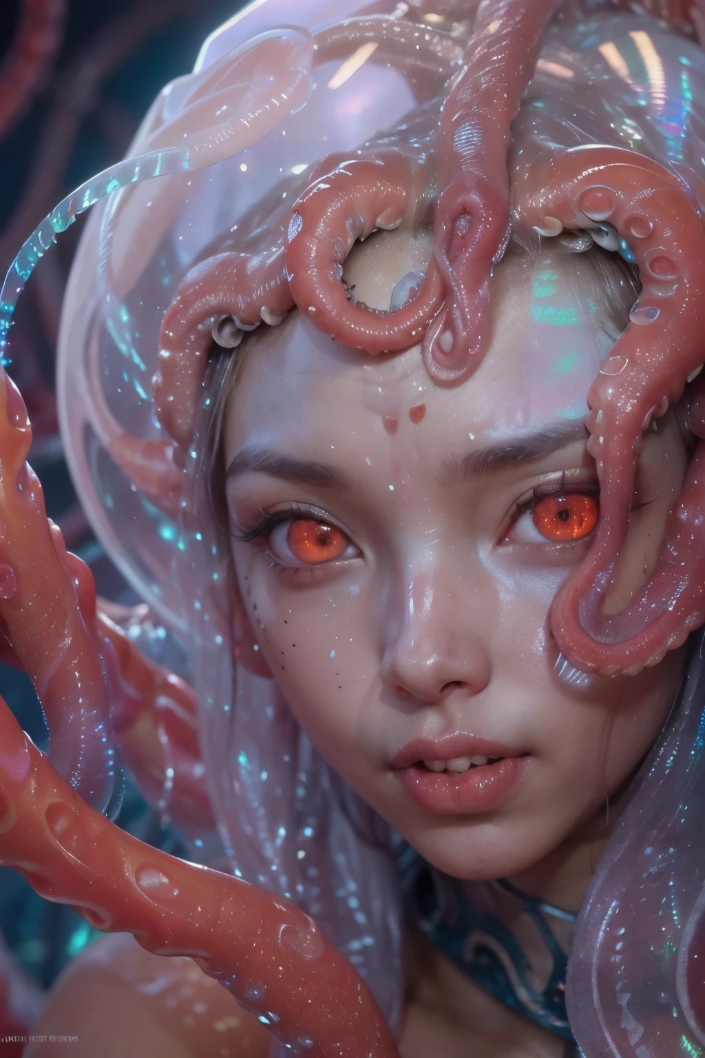(1 beautiful and obscene female alien:1.4), (There is a female genital-like organ in the middle of the forehead:1.95), (vulgarity1.7), (she is looking at viewers with glowing red eyes with no pupils:1.8), (She has translucent pale skin:1.7),(She has the most beautiful face in the history of the universe:1.2), (She has multiple bioluminescent organs on the side of her tentacles:1.4), (Her body is covered with an iridescent exoskeleton:1.6), (She is showingh her arm pits:1.4), an evil gaze that seduces, (large mouth:1.1), (sharp teeth like a vampire:1.2), Full body portrait, (bio luminescent:1.5), (Smile wickedly:1.3), (sexypose:1.5), alien, No humans, cells are fused, (there are lots of translucent tentacles from her head like her hair:1.8) extraterrestrial, cell, bio image, best quality, masterpiece, ultra high resolution, (photos realistic:1.7), scary and sexy detailed art in color, best quality, 8K,In 4K_quality, High freshness, Dramatic Lighting, cinematic quality, detail up, (exquisite details:1.2), High freshness, drawing faithfully, (Thick eyebrows:1.2), Beautiful eyes with fine symmetry,(Highly detailed face and eyes:1.2),(Super detailed skin quality feeling:1.4), perfect anatomy, (Beautiful toned body:1.5), (Moist skin:1.2), not wearing makeup, (dark circles:1.1), long canines, cinematic drawing of characters, cinematic quality, detail up, (exquisite details:1.2), high resolution, High freshness, drawing faithfully, official art, Unity 8K Wall paper, ultra detailed artistic photography, midnight aura, unreal engine 5, Ultra Sharp Focus, art by Amano Yoshitaka, ArtGerm, Roisch, intricate artwork,ultra realistic realism, dream-like, Creation of fantasy, dream Snail, (biopunk nautilus:1.3),Thrilling color schemes, seductively smiling, Amazing mutation, well-proportioned body, goddess of the deep sea, fractal, Geometric pattern, impossible figures,(asymmetry:1.4), (white tentacles with blue stripes:1.4), subtle emerald green accents, (expression of ecstasy:1.6)