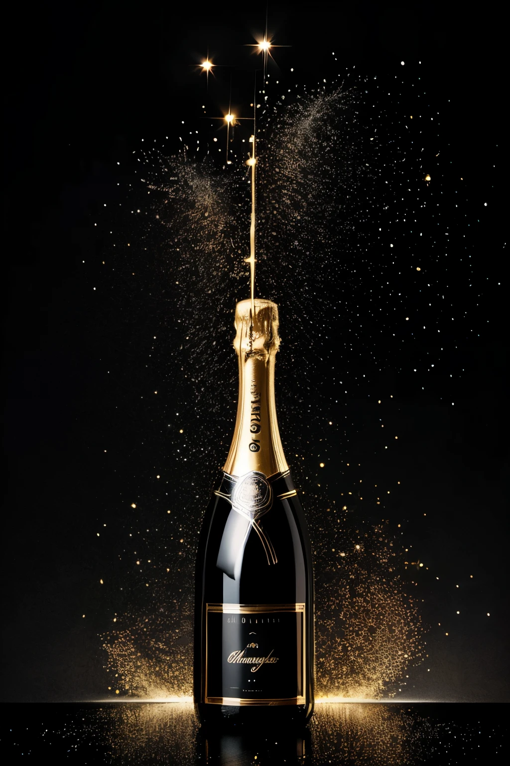 black background,sparkling champagne bottle,30 degree diagonal