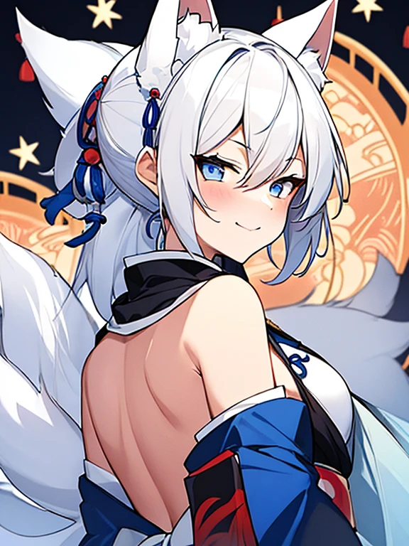 ((8k ultrasharp, Masterpiece, look at viewers with smugly,)), A girl, white haired, Fox ears, blue eyes as her skin is white, wearing a qipao blue and white cloak with design Aesthetic, underneath chest there's a blue gems resembling star, her scarf fur white on her shoulder, white tail fox, ((Back ground Kanji Japanese pattern)),(Back ground Kanji Japanese pattern))