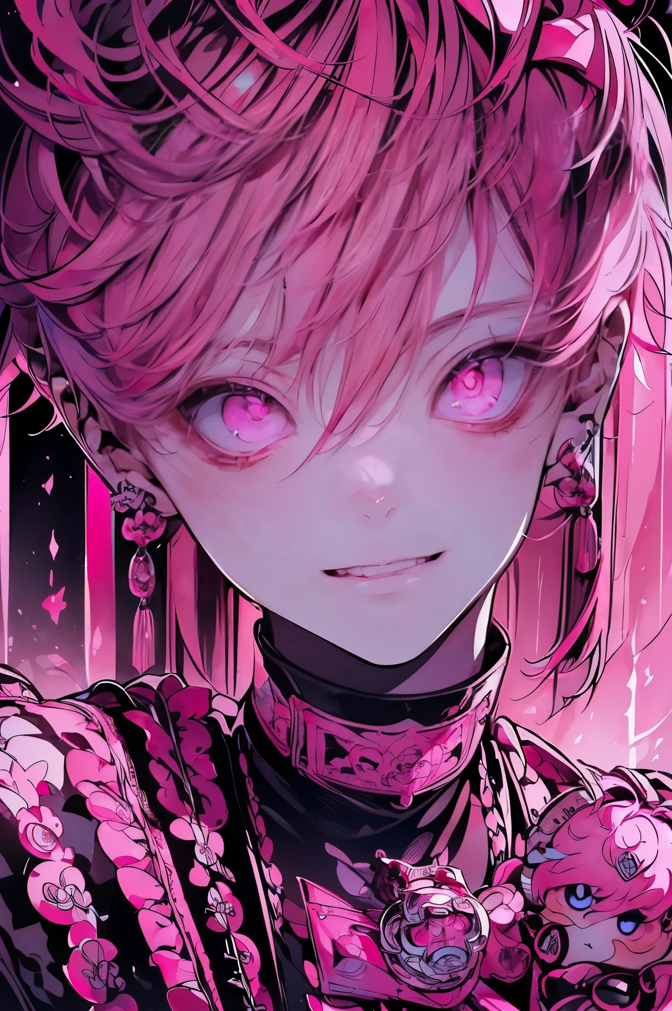 (masutepiece), (Best Quality), Highly detailed, 1 boy, Solo Focus, Perfect face, Beautiful face, extra detailed face,(A pink-haired:1.5),(glowing pink eyes:1.4),Black clothe,(long eyeslashes:1.4),(laugh:1.3)