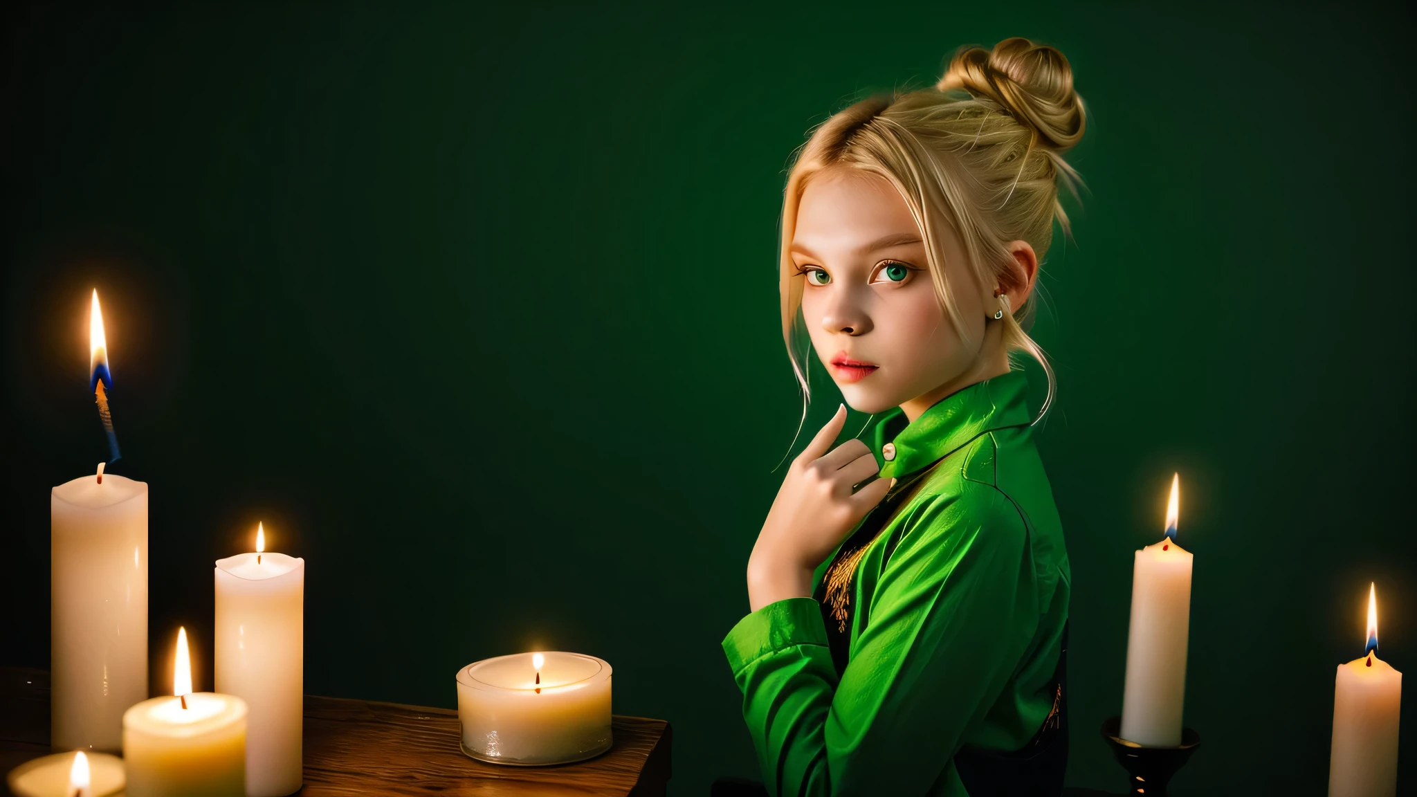 KIDS GIRL vampire blonde HAIR BUN green clothes. and candles, green light candles., GREEN BACKGROUND banished of sin