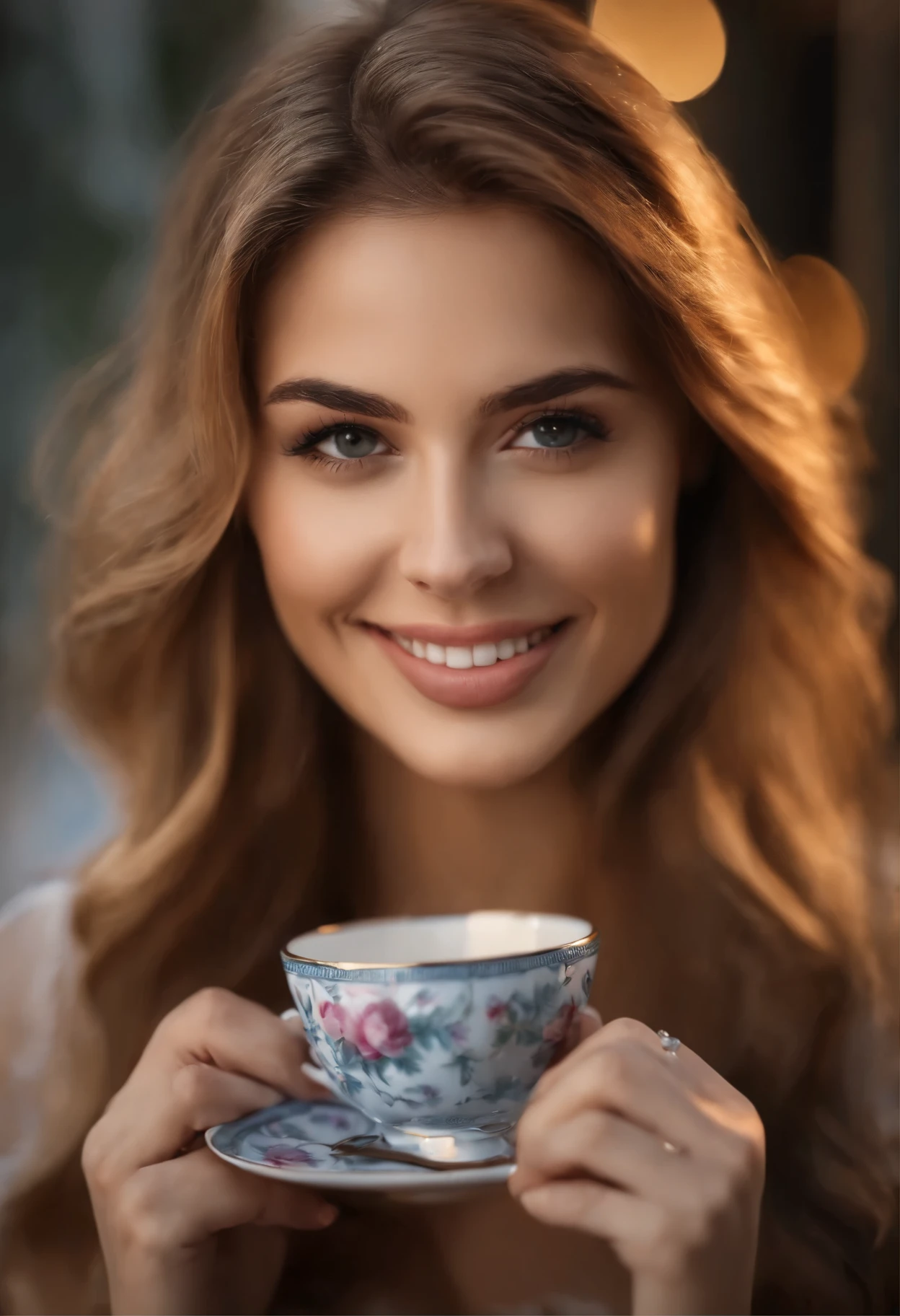 magistral, superbe, Qualité d&#39;image ultra, réaliste, Fille, (Beau visage 1.4), (, Taille resserrée), Cheveux longs, à l&#39;intérieur, Bokeh, belle lumière, peau brillante,  tête, sourire, banquet, tenant une tasse belle femme 