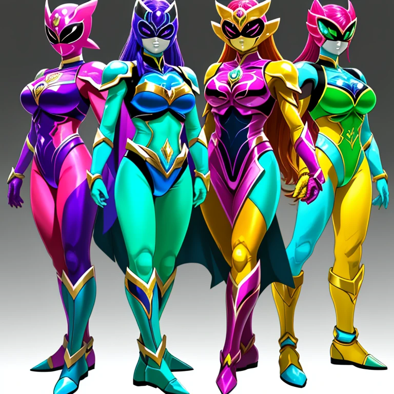 A group of four different colored superheroes standing next to each other、Chiho Aoshima&#39;color scheme、秘密の7番目のPower Ranger、zodiac girl、bikini armor、morning warrior hybrid、New costume concept design、80&#39;color scheme、female superhero proportions、Various full body views、Power Ranger、whole body concept、Information about wearing opal armor
