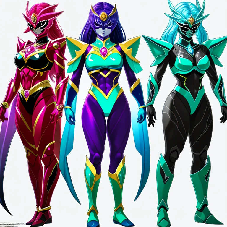 A group of four different colored superheroes standing next to each other、Chiho Aoshima'color scheme、秘密の7番目のPower Ranger、zodiac girl、bikini armor、morning warrior hybrid、New costume concept design、80'color scheme、female superhero proportions、Various full body views、Power Ranger、whole body concept、Information about wearing opal armor