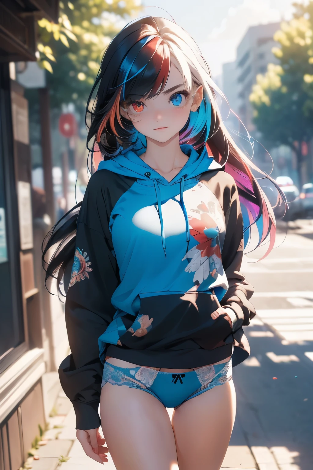 masterpiece,best quality,ultra-detailed,intricate,detailed face,detailed eyes,beautiful eyes,1girl,cowboy shot,(micro shorts, highleg panties, open fly:1.4),(hoodie, open hoodie:1.2),sports bra,fishnet legwear,arms up,armpits,holding hair,long hair,(flowing hair, multicolored hair:1.3),iridescent hair,(heterochromia, blue eyes, red eyes:1.5),outside,park,sky,sun,trees,jewelery,dynamic pose,dynamic angle,from above,(bloom, depth of field:1.2),style-swirlmagic,