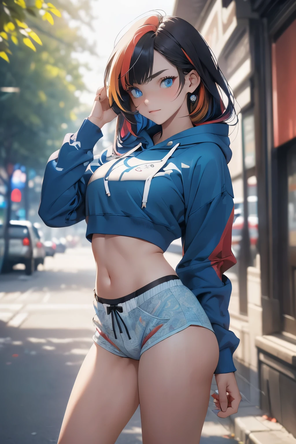 masterpiece,best quality,ultra-detailed,intricate,detailed face,detailed eyes,beautiful eyes,1girl,cowboy shot,(micro shorts, highleg panties, open fly:1.4),(hoodie, open hoodie:1.2),sports bra,fishnet legwear,arms up,armpits,holding hair,long hair,(flowing hair, multicolored hair:1.3),iridescent hair,(heterochromia, blue eyes, red eyes:1.5),outside,park,sky,sun,trees,jewelery,dynamic pose,dynamic angle,from above,(bloom, depth of field:1.2),style-swirlmagic,