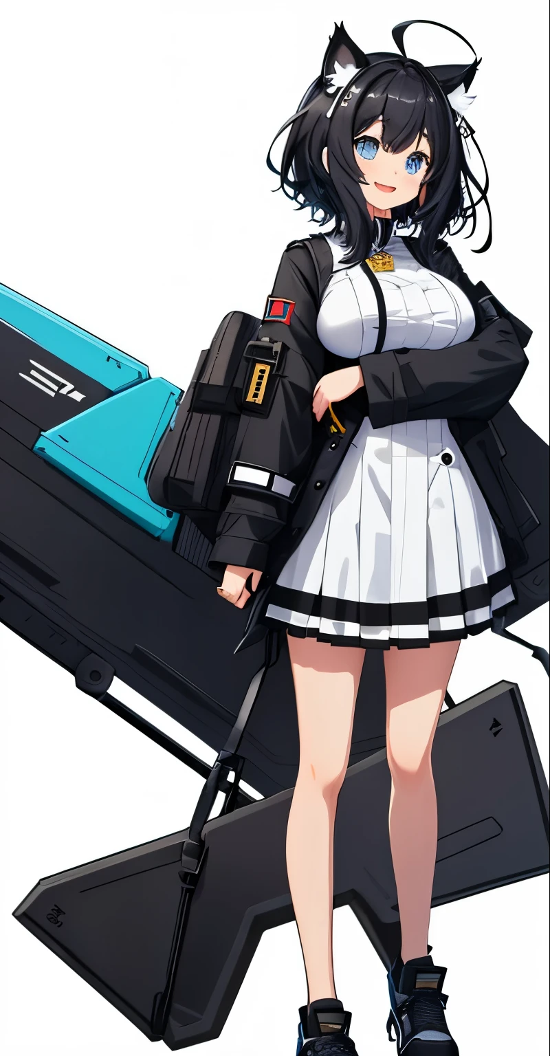 whole body,((((upright)))), ((((arm to the side)))), looking at the viewer, simple background、white background, 1 girl, open your mouth, smile, Virtual YouTuber、with a girl、((highest quality, expensive_solve, clear_image)),(black hair), (black cat ears), (Ahoge), (ridiculously short hair), (wavy hair), (blue eyes),I put shoes on my feet、laughter、very big breasts,concept art、((show viewer))。black military uniform。long sleeve