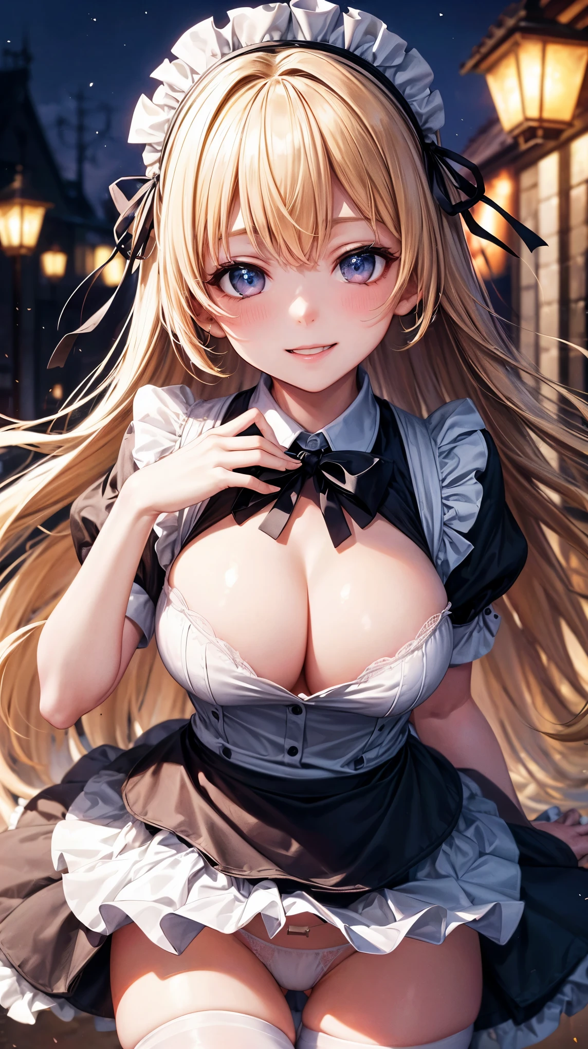 ((highest quality、High resolution、8K、masterpiece:1.3))、dynamic angle、I can see the whole body、wallpaper、1 girl、unparalleled beauty、ultimate beauty、super detailed face、delicate eyes、smile shyly、sexy look、(I'm tempting)、Depth of bounds written、light particles、side light、long hair、blonde、maid、宝石で装飾されたmaid服、maidスカート、(Holding down the skirt with both hands)、(The wind flipped my skirt and exposed my white panties.)、Open chest、big breasts、cleavage、Thighhighs、thighs、slim、slender、Old castle at night