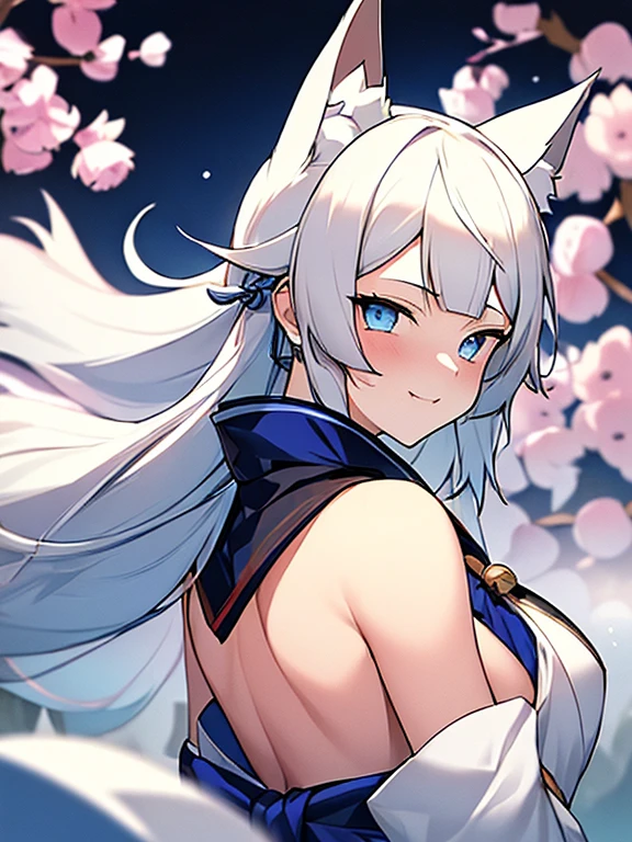 ((8k ultrasharp, Masterpiece, look at viewers with smugly,)), A girl, white longer haired, Fox ears, blue eyes as her skin is white, wearing a qipao blue and white cloak with design Aesthetic, underneath chest there's a blue gems resembling star, her scarf fur white on her shoulder, white tail fox, ((Back ground Kanji Aesthetic)), ((Back ground Kanji Japanese aesthetic))