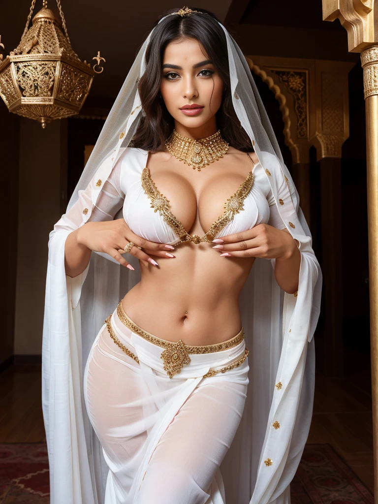 a woman in a veil posing for a picture, arabic goddess, traditional beauty, arabic, beautiful goddess, ornate cosplay, indian style, arabic super model, beautiful maiden, gorgeous woman, middle eastern with long, provocative arabic, gorgeous beautiful woman, intricate outfit, Arabian aesthetic, beautiful middle eastern girl, extremely detailed goddess shot, jaw-dropping beauty, big deep cleavage sexy navel, perfect nails, detailed women's nails, white colored nails, finger nails, detailed feminine hand, very realistic hand with 5 fingers, perfect 5 fingers on hand, perfect 5 toes on feet, hiding fingers, wearing black, hands behind her head