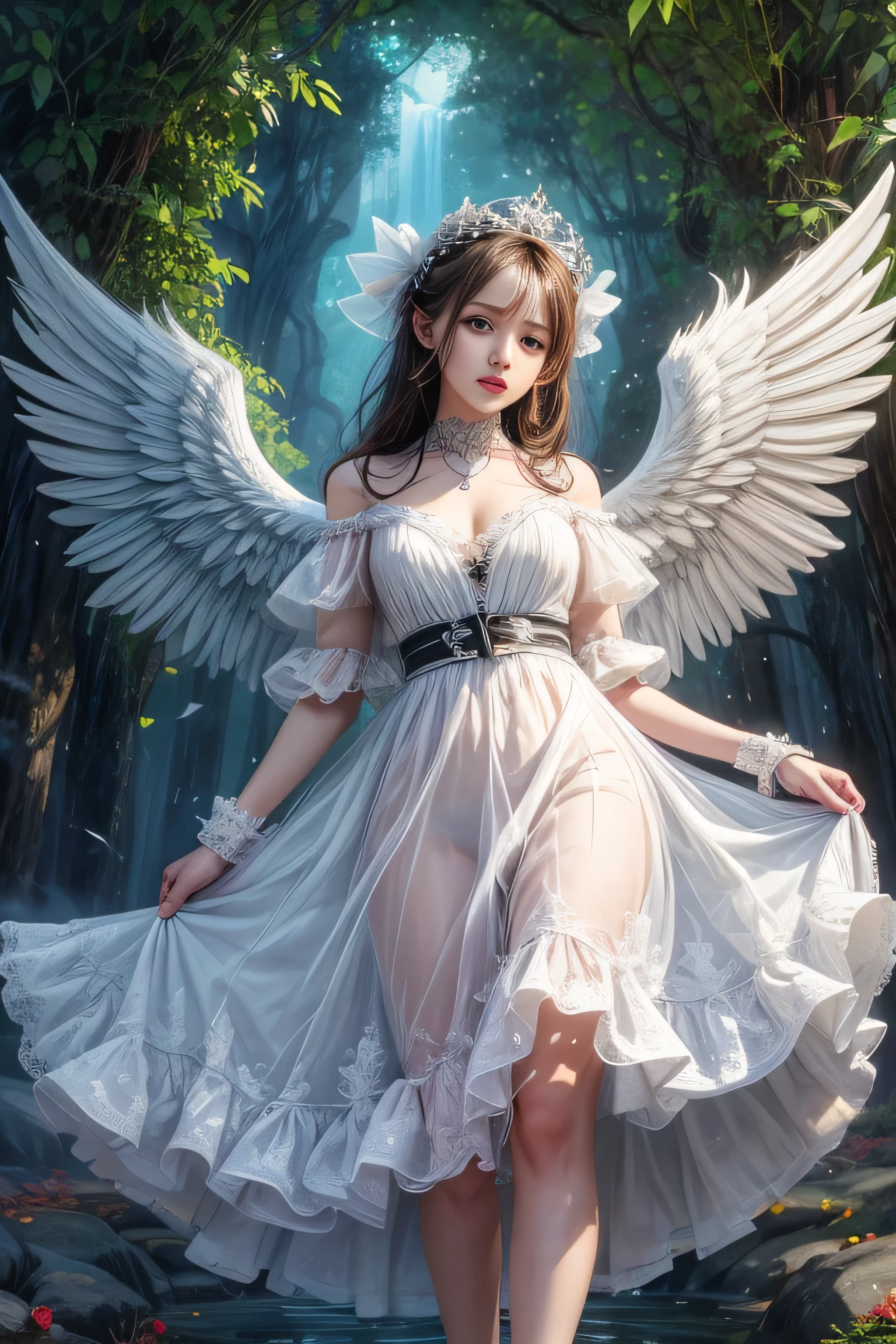 best quality, masterpiece, full body, (adult:1.6) pretty angel with angelic face, (smirk:0.4), big wings sparkling eyes, short transparent white dress, centered, on seashore.