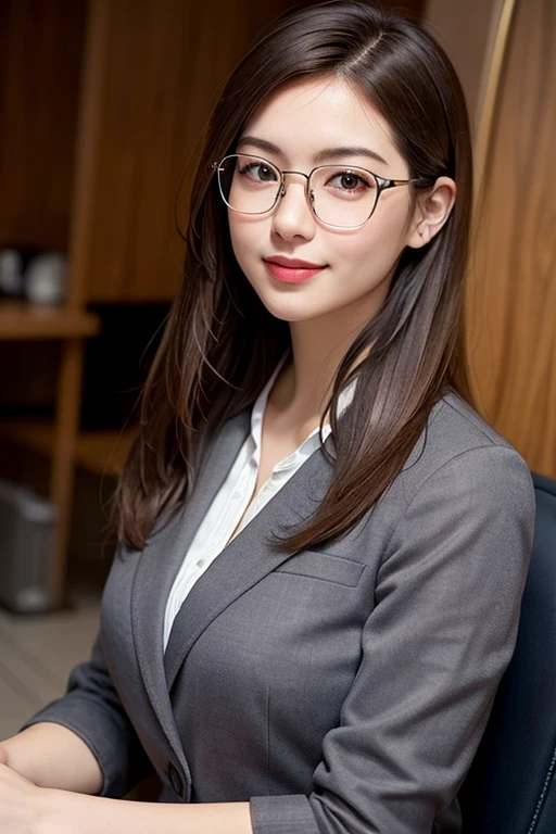 8K、Raw photo、highest quality、masterpiece:1.2)、(realistic、Photoreal:1.37)、super detailed、Super high resolution、1 girl、see the beholder、beautiful and detailed face、laughter、narrow、(slim waist) :1.3)、hair length、Beautiful and smooth skin、skin texture、floating hair、wearing a suit、professional lighting、inside the office、Square glasses with black edging 、human body as a whole、brown hair、I sat on a chair with a slightly plump face. 