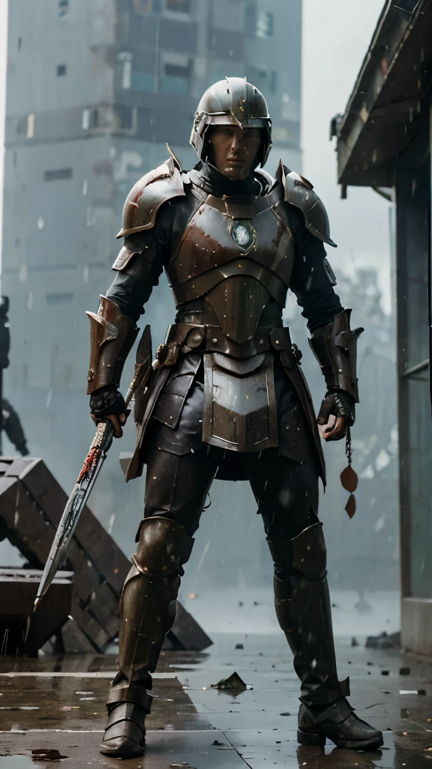 Futuristic spartan, futuristic armour, standing on a battlefield, raining, wielding spear and shield, bloodstained armour