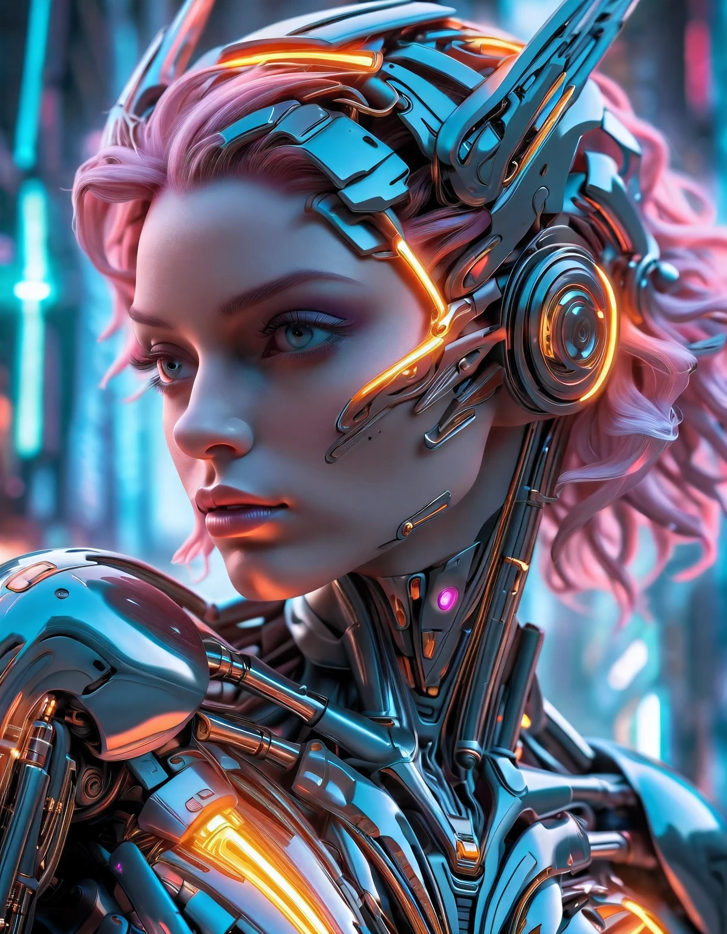 (best quality,highly detailed,UHD photo),Christina Hendricks as sexy (cosmic cyberpunk mecha-angel:1.1). medium-shot, ultra-detailed depiction of Christina Hendricks' mesmerizing beauty,(intense neon lights,vivid colors) illuminating the futuristic cityscape,exploring the boundaries between humanity and technology, mecha-angel wings seamlessly integrated into her cybernetic body,meticulously crafted metallic armor,industrial aesthetics with a touch of ethereal grace,long, flowing hair radiating vibrant hues mirroring the aurora borealis,powerful and captivating gaze revealing both strength and vulnerability,elevating the concept of beauty to new heights, sleek and sharp edges contrasting with soft and delicate features,transcending the ordinary with a sense of otherworldly allure,embodying the divine essence of a celestial being,overwhelming attention to every minute detail,from the intricate circuitry patterns on her skin to the shimmering reflections in her metallic eyes,sharp focus capturing every nuance of her expression,unveiling the secrets of a parallel universe where technology and spirituality converge,a true masterpiece merging the realms of science fiction and angelic beauty.