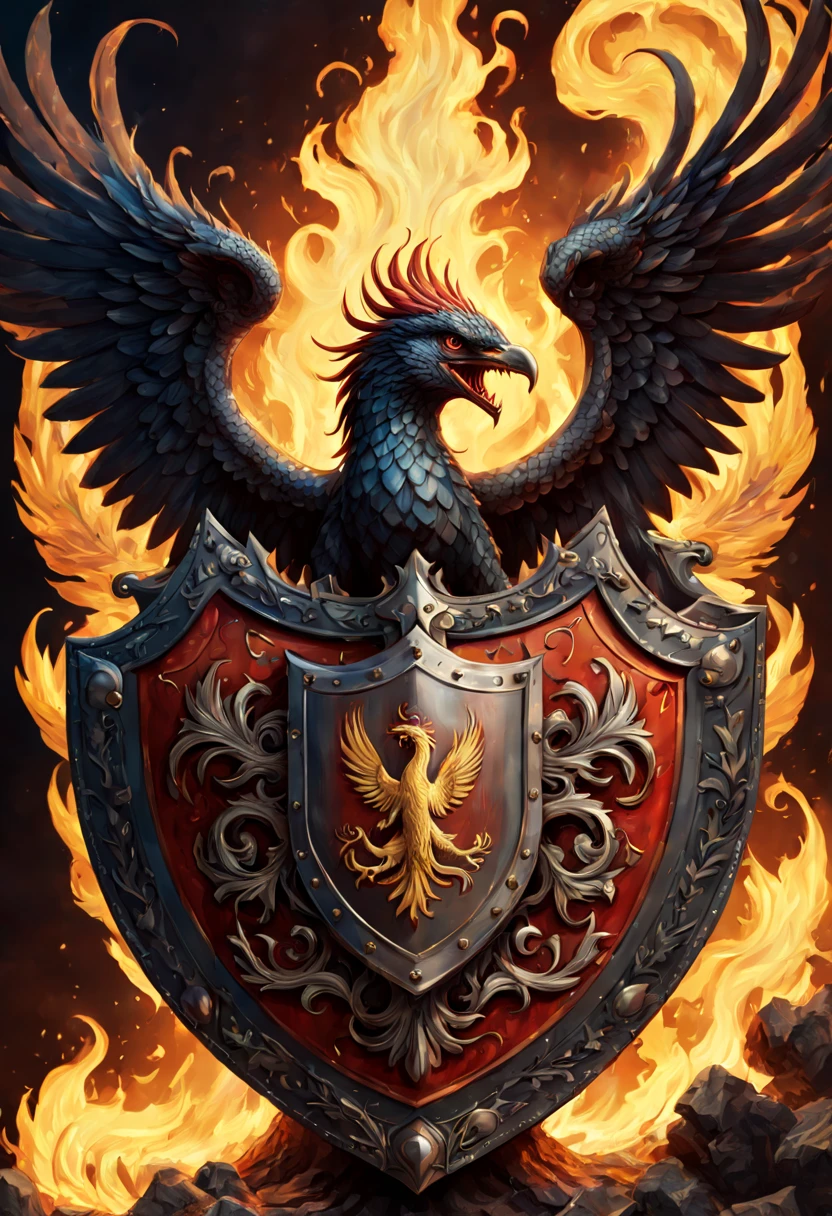 a battle shield with coat of arms using a phoenix bird and fanged snake theme, fire in the background, highly intricate, beautiful, maximalist, hyperdetailed, trending on Artstation