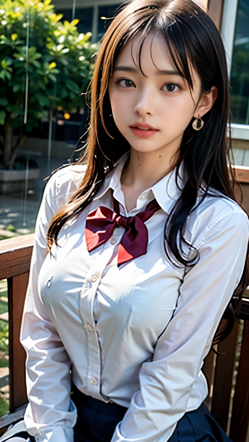 (masterpiece, highest quality:1.2), 8K, official art, RAW photo, incredibly absurd, (whole body, high school uniform:1.4), beautiful girl, 18-year-old、cute face, arch back, white shirt、navy pleated skirt, close, , long sleeve, gardenia, violaces, pool、sit on a chair、looking at the viewer, film grain, chromatic aberration, sharp focus, face light, dynamic lighting, cinematic lighting, detailed eyes and face, background bokeh, (1 dark red bow tie:1.2)、(heavy rain、dark sky:1.5)、one girl、blush、look at the viewer、(huge breasts:1.2)、wet hair、shiny hair、wet face、wet skin、wet body、wet costume、flower、hairpin、necklace、earrings、Depth of bounds written、尖ったred mouth、red mouth,clavicle、beautiful fingers、Loosen your tie、cute wet face、Wet clothes that stick to your chest、Wet and see-through clothes、The bra is clearly visible through it