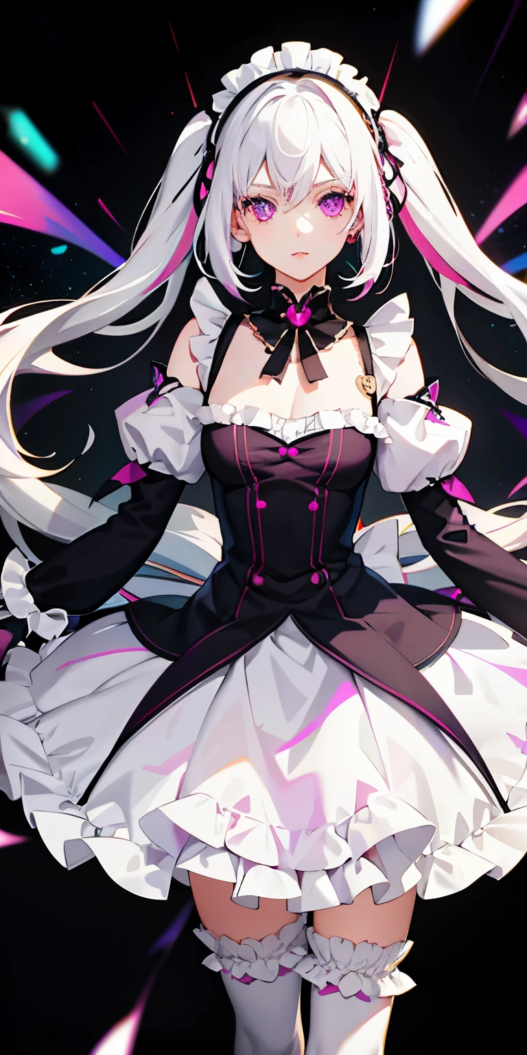 1girl, white hair, multicolored hair, purple eyes, mask on head, side light, light particles, wallpaper, medium chest, pink stockings, ta shoes