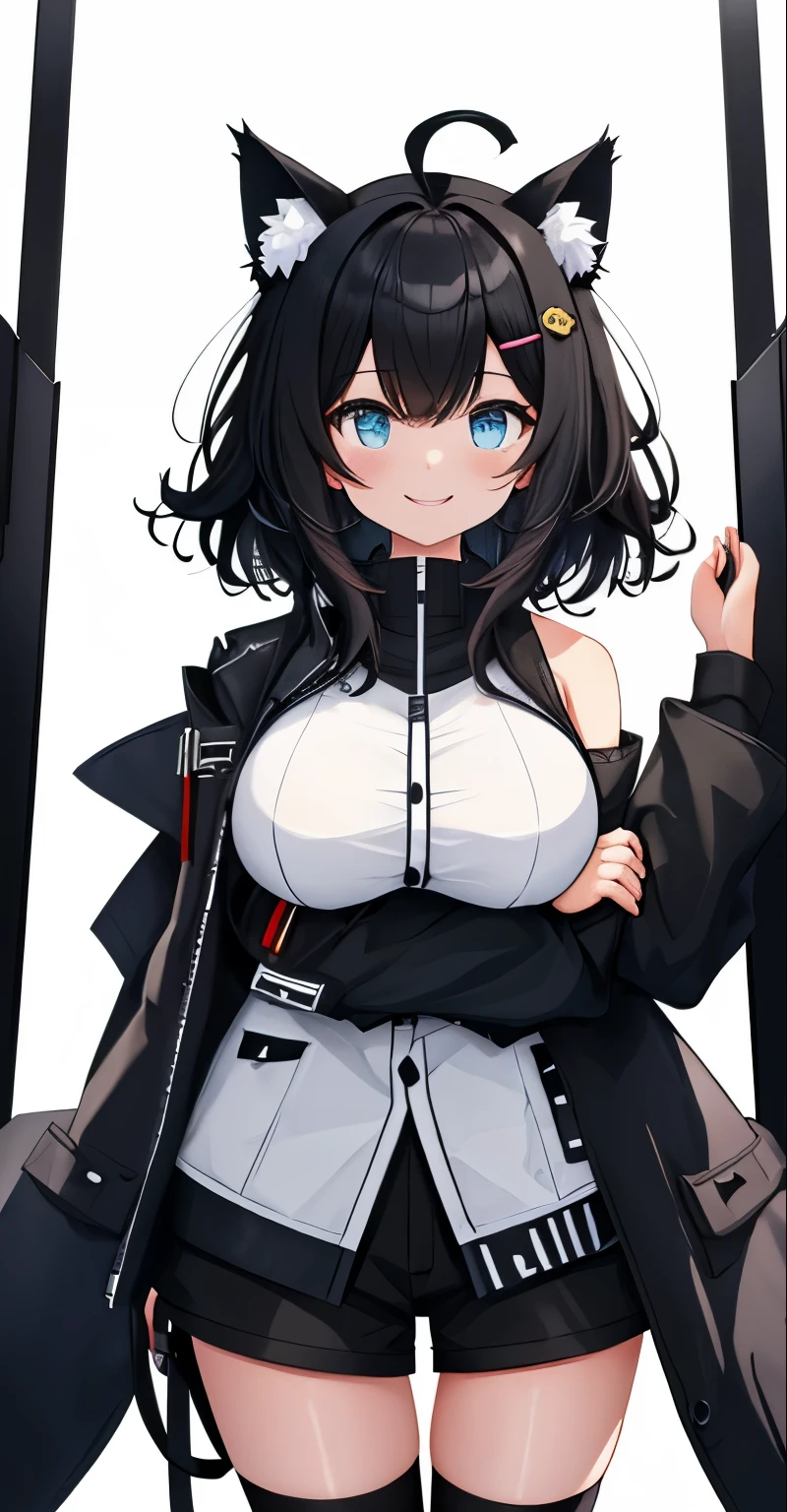 whole body,((((upright)))), ((((arm to the side)))), looking at the viewer, simple background、white background, 1 girl, open your mouth, smile, Virtual YouTuber、with a girl、((highest quality, expensive_solve, clear_image)),(black hair), (black cat ears), (Ahoge), (ridiculously short hair), (wavy hair), (blue eyes),、laughter、very big breasts,concept art、((show viewer))。black military uniform
