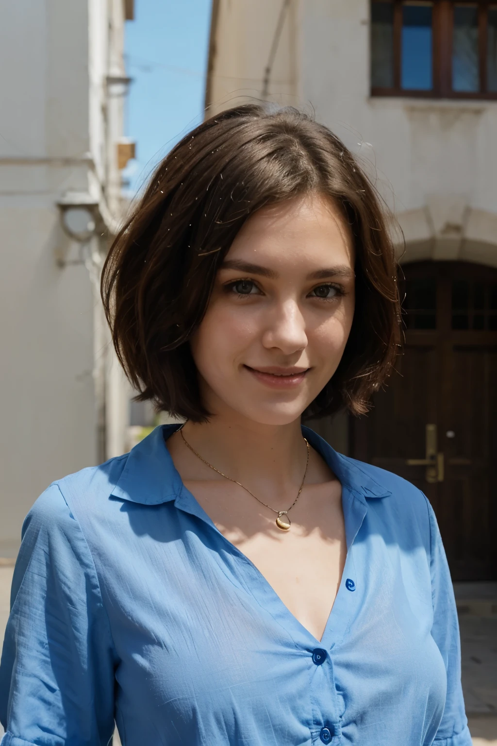 woman with short hair, brunette smile 0.2 pendant around the neck sky blue blouse with open buttons
​