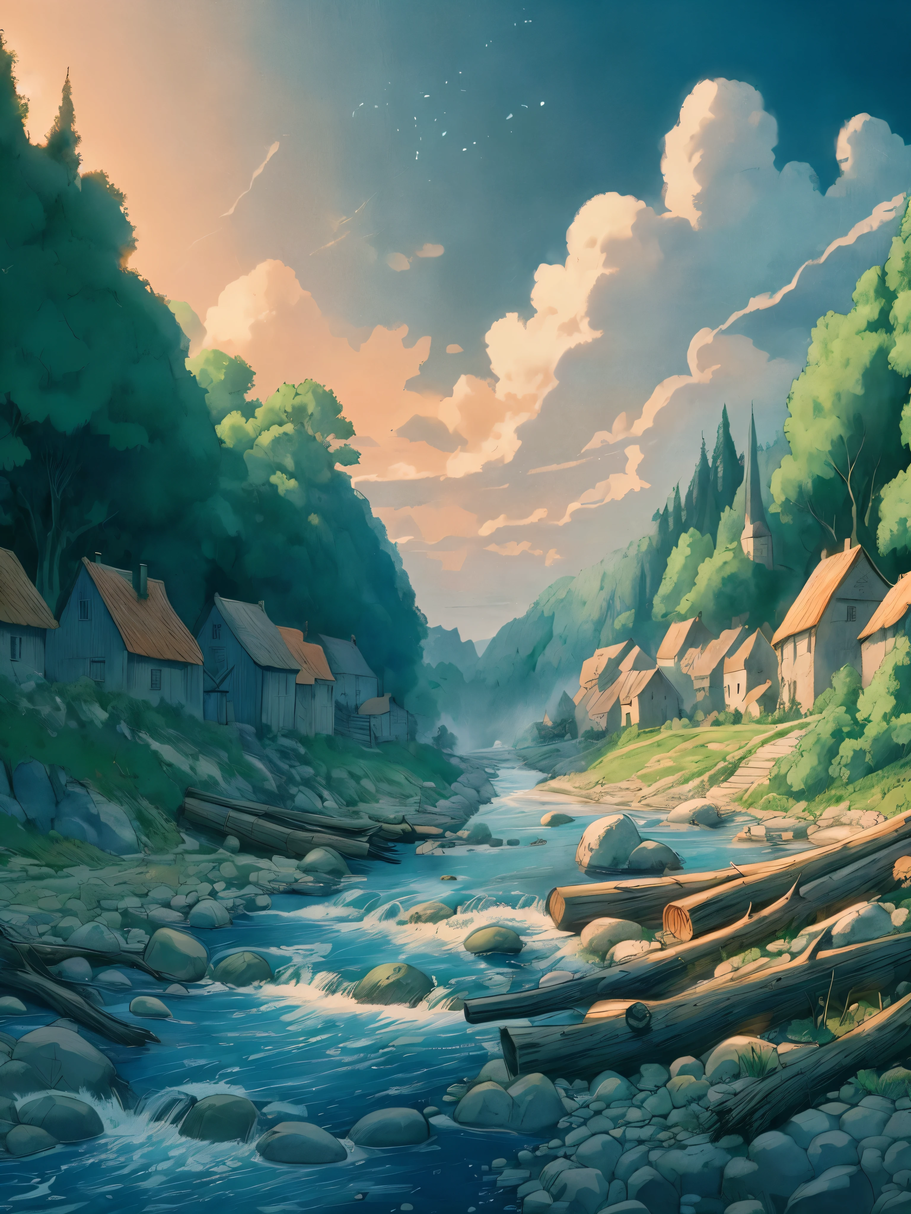 Draw a tintin style anime aerial simple art of an old village situated on both sides of a flowing river, logs in water, stones in water, greenery, dim light, trees, clouds, beautiful sky, beautiful color palette,\