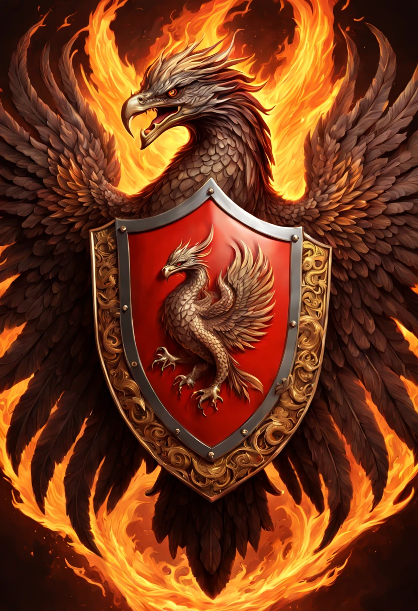 a battle shield with coat of arms using a phoenix bird and fanged snake theme, fire in the background, highly intricate, beautiful, maximalist, hyperdetailed, trending on Artstation