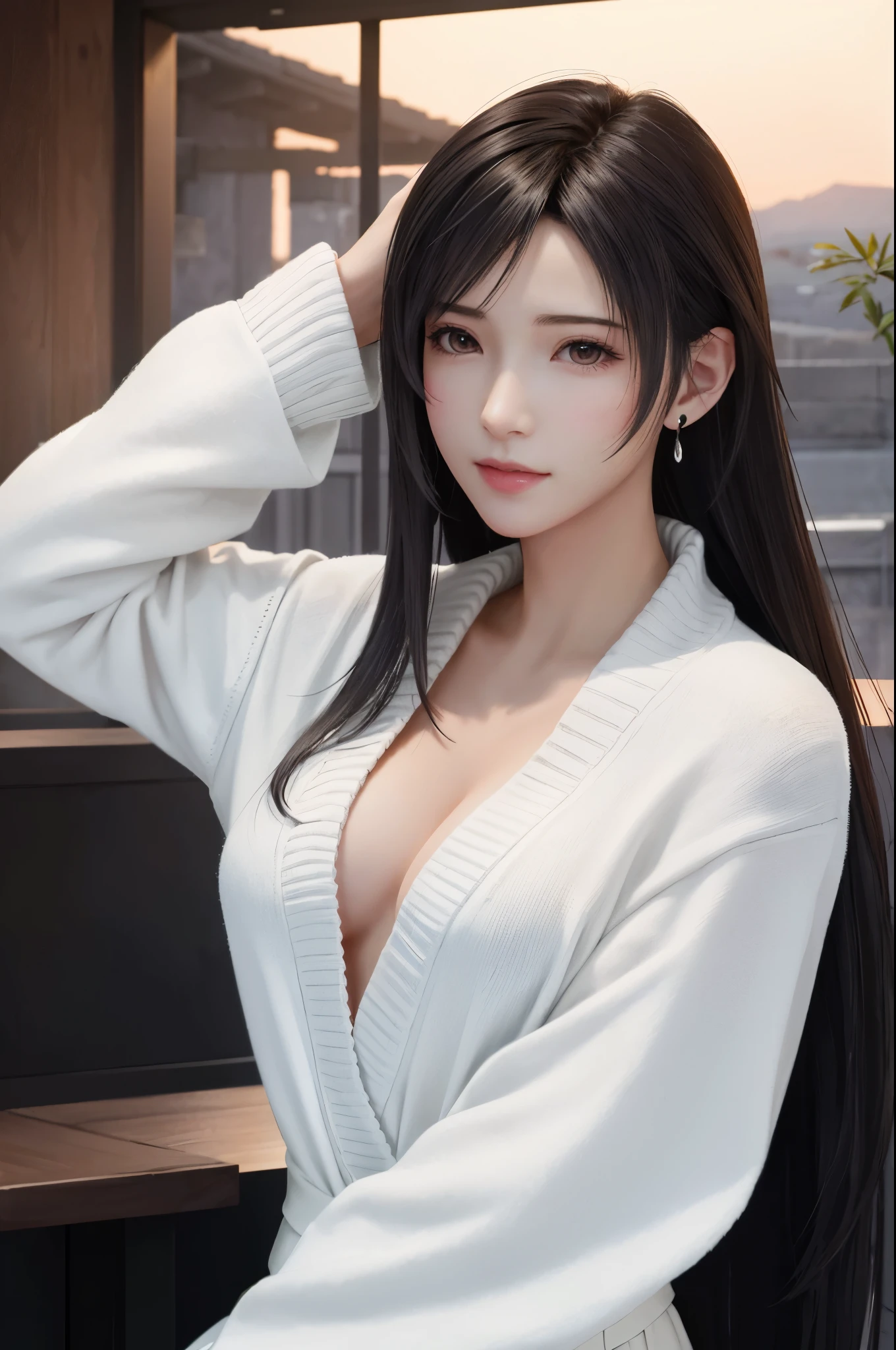 (Top Quality, Masterpiece: 1.1), (Realistic: 1.3), BREAK (((FF7,Tifa_lockhart))),Ultra-detailed face, Detailed eyes,(black Brown Hair, Large : 1.2),(Imaginative Macanese Female Page,background is Unique The Tablets of Stone,at Sunrise),  BREAK (wearing oversize loose sweater, Exquisite cloth, white Clothes),clothed,() ,(Small and beautiful hard ),(shiny oiled skin: 1.1), about 18 years old, BREAK  smile,kawaii,(cool pose:1.2),Wallpapers,ultra high res,ultra high quality,