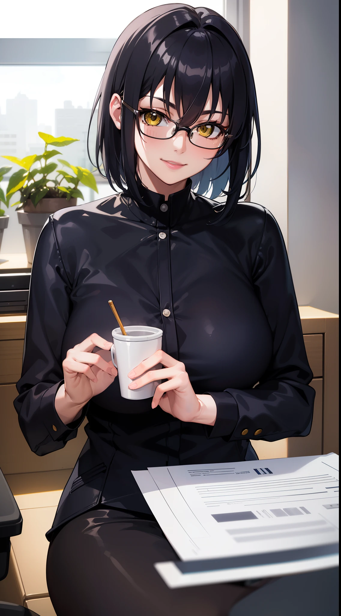 professional artwork, intricate details, vision, sharp focus, detailed, Realistic lighting, Hot topics on pixiv,(masterpiece:1.0),(the best_quality:1.0), 超high resolution, Super detailed, photography, 8k, human development report, high resolution, ridiculous:1.2, Kodak Portrait 400, film grain, sharp focus, Bokeh:1.2, lens flare, (energetic_color:1.2), (((indoors, Office details))), Annaros, 1 girl, female mature, black hair, short hair, (yellow eyes), big breasts, Black-rimmed glasses,office suit, High heel, soft skin, hair intake, (alone:1.4), (Upper body, half body shot, covering breasts), happy, Smile, Sweet,Conduct an interview