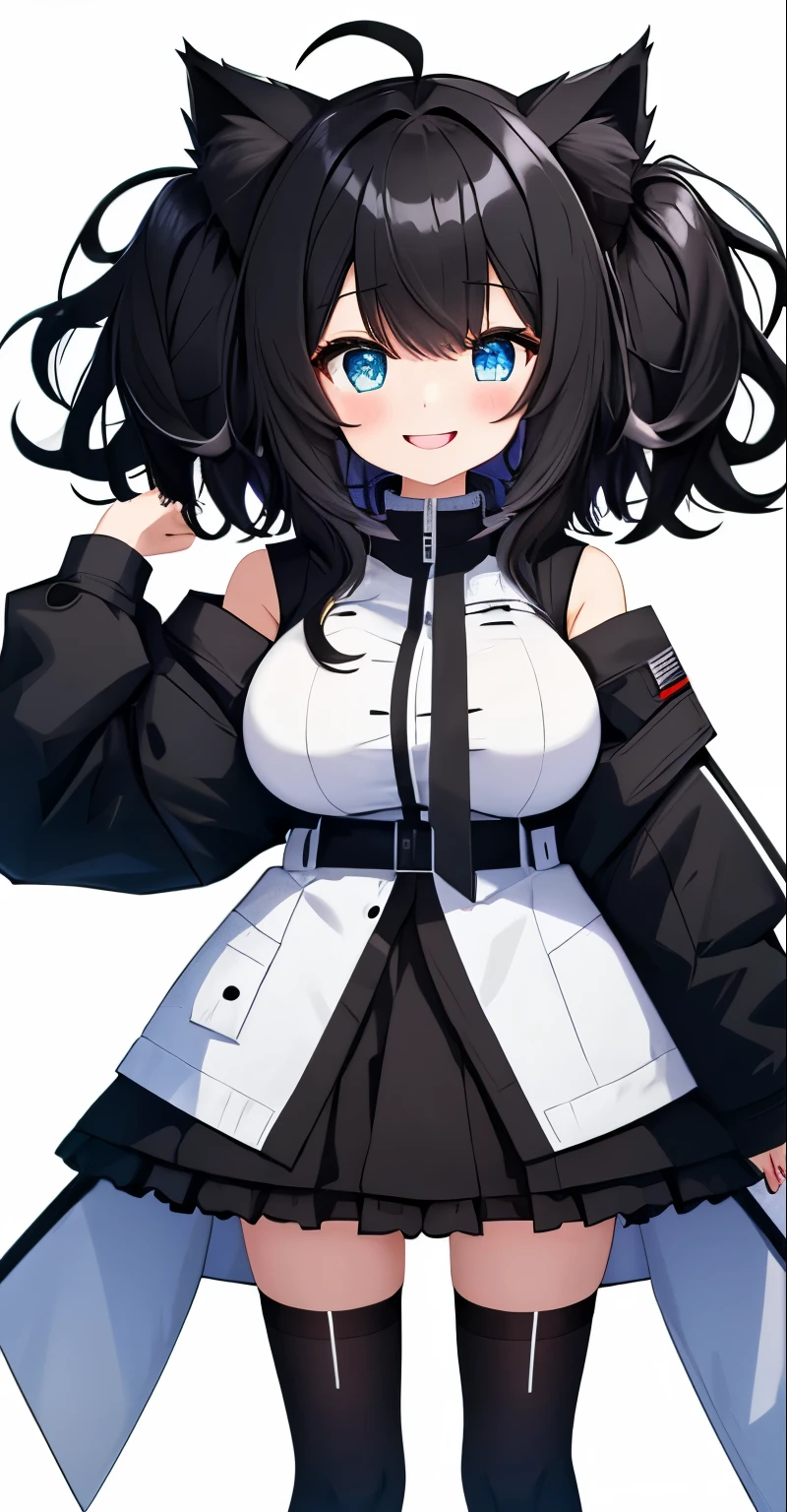 whole body,((((upright)))), ((((arm to the side)))), looking at the viewer, simple background、white background, 1 girl, open your mouth, smile, Virtual YouTuber、with a girl、((highest quality, expensive_solve, clear_image)),(black hair), (black cat ears), (Ahoge), (ridiculously short hair), (wavy hair), (blue eyes),、laughter、very big breasts,concept art、((show viewer))。black military uniform。character sheet