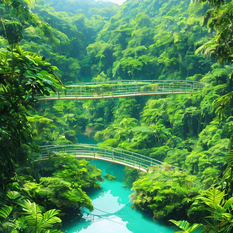 Amidst the lush, verdant jungle, a Glass Bridge stands, shimmering with crystalline clarity. High Definition and High Resolution details bring the intricate patterns of the jungle vines and foliage into sharp relief. The Glass Bridge, with its transparent surface, offers a breathtaking view of the emerald expanse below, teeming with life. The 12K rendering perfectly captures the transparency and reflection of the glass, as well as the vibrant colors of the jungle flora and fauna. The pristine purity of the water beneath the bridge adds to the serene ambiance, making for a stunning and immersive visual experience.