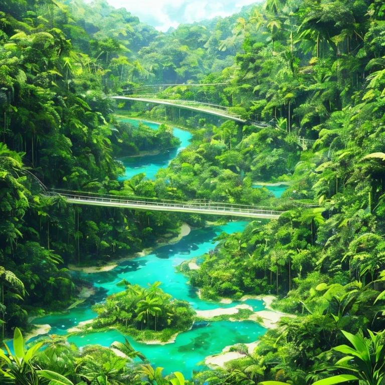 Amidst the lush, verdant jungle, a Glass Bridge stands, shimmering with crystalline clarity. High Definition and High Resolution details bring the intricate patterns of the jungle vines and foliage into sharp relief. The Glass Bridge, with its transparent surface, offers a breathtaking view of the emerald expanse below, teeming with life. The 12K rendering perfectly captures the transparency and reflection of the glass, as well as the vibrant colors of the jungle flora and fauna. The pristine purity of the water beneath the bridge adds to the serene ambiance, making for a stunning and immersive visual experience.