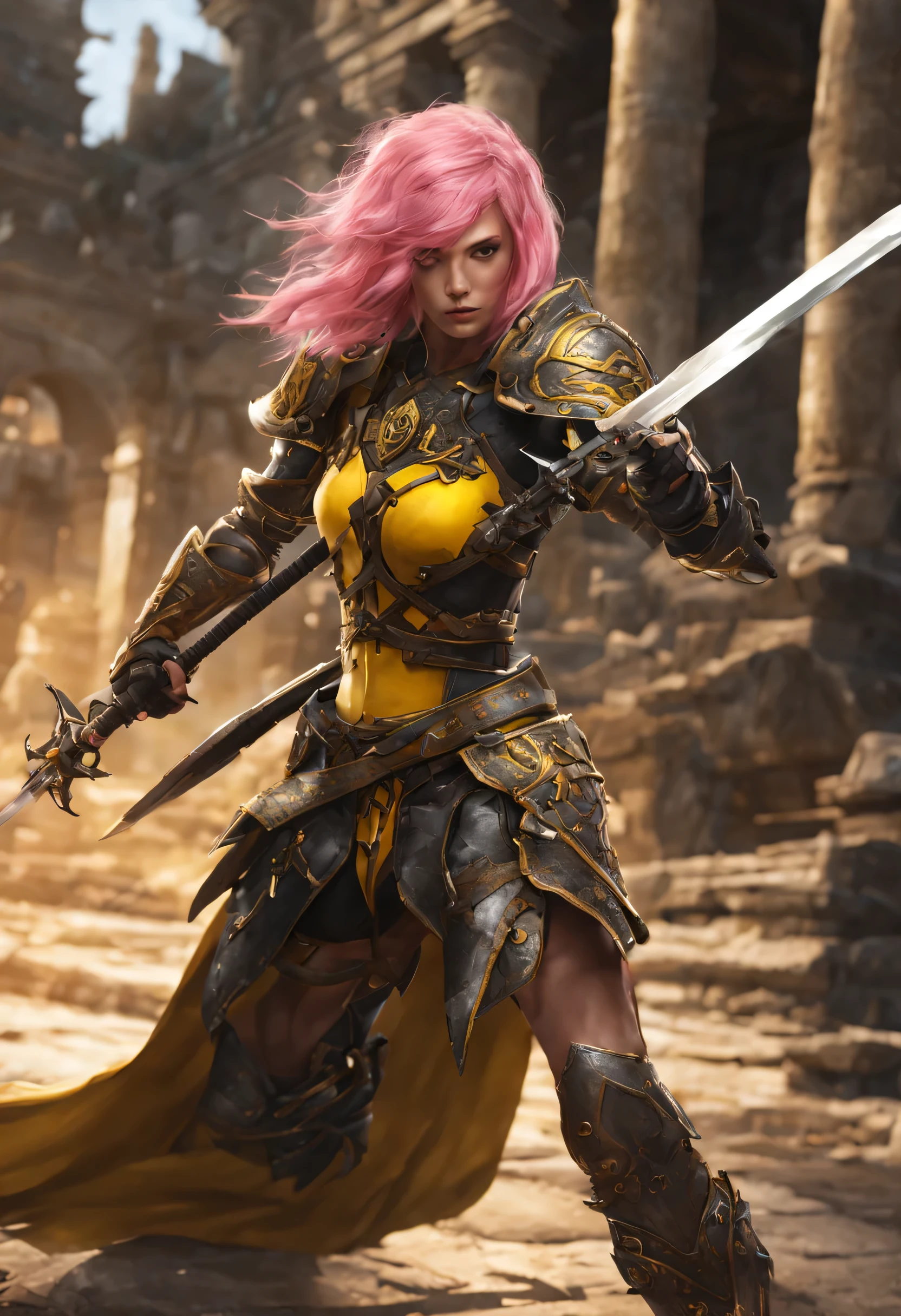 1  Slim Cabelo Rosa Longo Pequeno, Black and yellow armor uses a two-handed sword, Fight monsters in a ruin, Ultra HD, obra de arte, anatomicamente correto, alta qualidade, detalhes altos, high resolution, melhor qualidade, 8k