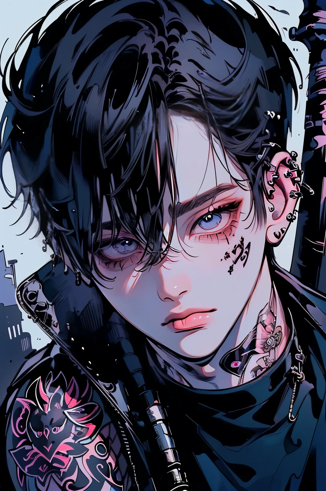 (4K works))、masterpiece、(top-quality)、((Black cityscape background))、Korean Male、Adult male、((Adult 50 years old))、((Adult uncle type))、((Leather Jeans Style))、((Face similar to Hyunjin))、Cool Men、tall、((Wild features))、((Wild look))、((angry expressions))、((Long sleeve long trouser style))、((Smaller face))、Slim body、(((short-haired)))、((Shot alone))、((Solo Photography))、Professional Photos、((He is in front of the viewer))、((Upper body photography))、((Wear a lot of piercings))、((Piercing on the lips))、((Stick out the tongue))、((Tongue piercing))、((Sick Boys))、((Mine Boys))、((Lots of tattoos))、((Mine photo))、((sassy pose))