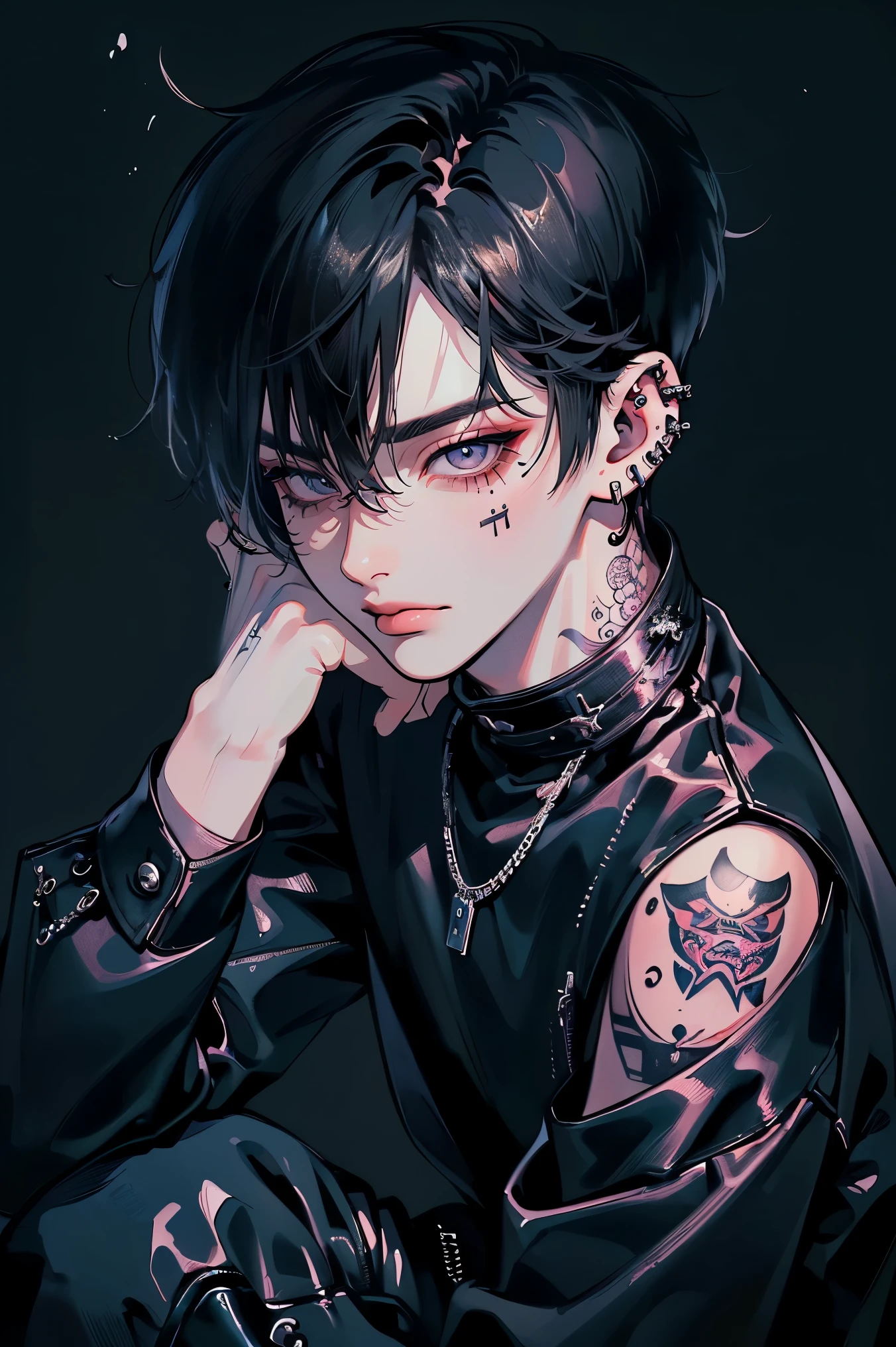 (4K works))、masterpiece、(top-quality)、((Black cityscape background))、Korean Male、Adult male、((Adult 50 years old))、((Adult uncle type))、((Leather Jeans Style))、((Face similar to Hyunjin))、Cool Men、tall、((Wild features))、((Wild look))、((angry expressions))、((Long sleeve long trouser style))、((Smaller face))、Slim body、(((short-haired)))、((Shot alone))、((Solo Photography))、Professional Photos、((He is in front of the viewer))、((Upper body photography))、((Wear a lot of piercings))、((Piercing on the lips))、((Stick out the tongue))、((Tongue piercing))、((Sick Boys))、((Mine Boys))、((Lots of tattoos))、((Mine photo))、((sassy pose))