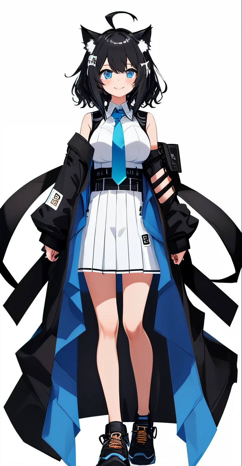 whole body,((((upright)))), ((((arm to the side)))), looking at the viewer, simple background、white background, 1 girl, open your mouth, smile, Virtual YouTuber、with a girl、((highest quality, expensive_solve, clear_image)),(black hair), (black cat ears), (Ahoge), (ridiculously short hair), (wavy hair), (blue eyes),、laughter、very big breasts,(wearing shoes on feet)、concept art、((show viewer))。uniform。wore a tie