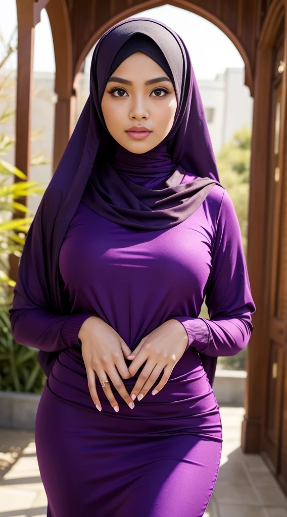 RAW, Best quality, high resolution, masterpiece: 1.3), beautiful Malay woman in hijab,Masterpiece, perfect slim fit body, Huge breast,big gorgeous eyes, Soft smile,thick thighs, a close up of a woman in a purple dress and a purple scarf, jacked purple, wearing purple attire, wearing beautiful clothes, beautiful design, hijab, in crimson purple, very beautiful enga style, beautiful masterpiece, fine details. Purple, wearing gorgeous clothing, dominating purple color, crimson themed , (Delicate turtleneck) , necklace, shairband, afternoon walk, City garden, Excellent lighting, Bright colors, Clean lines