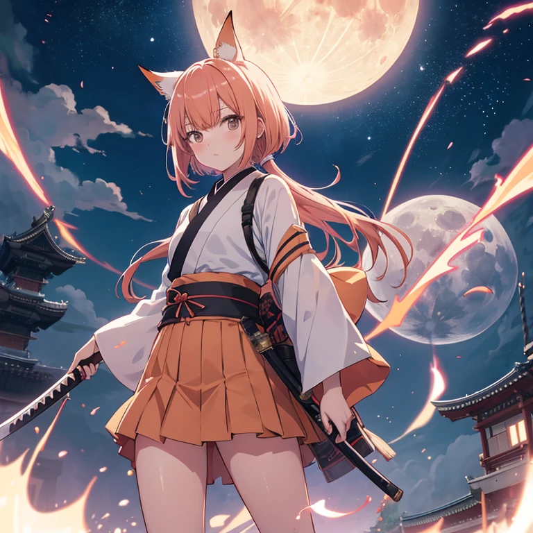 anime, huge moon, musical notation on staff, Peach-colored hair(bangs bangs), shortcut, (shinobi girl),Katana, 京都animeーション スタイル, Witstudio style, Production I.G style, CloverWorks style、Ikazuchi
