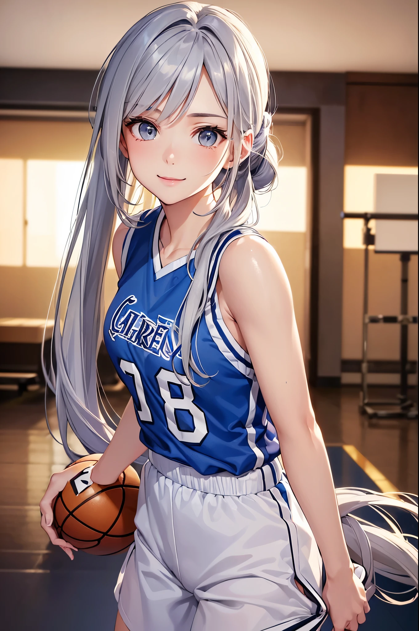 (best quality,High resolution,muste piece:1.2)beautiful girl,glossy romance gray hair,pony tail,Gentle eyes,Refreshing look,top quality,best quality,aesthetic and aesthetic:1.2,best details((Super detailed))(High-definition CG illustration),basketball uniform(blue),whole body,slender body,basketball,basketball court,cinematic light,smile gently,cute