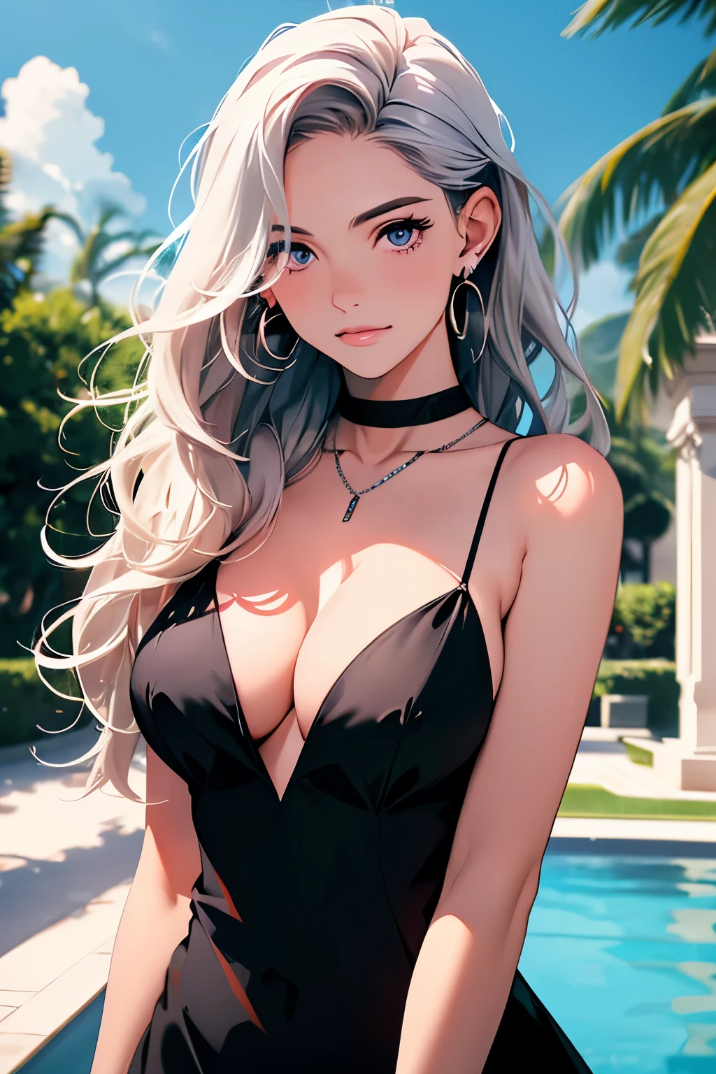 (Masterpiece:1.2, high quality), (pixiv:1.4), (1girl:1.2), (solo:1.2), (smooth:0.8), beautiful woman, rich lady, (mature), pale white skin, red cheek, blush, (smile:1.2), long silver hair, bangs, wavy hair, (strand braids), hair over eyes, sparkling green eyes, (detailed eyes), symmetrical eyes, black eyeshadow, glossy lips, pale pink lips, symmetric face, (round earrings), (looking towards the viewer), mole on chin, plunging neckline, pendant, (black dress), luxurious dress, slit dress, collarbone, neckline, luxurious, slender arms, (beautiful round breasts:1.2), plunging cleavage, slim waist, hands on waist, professional photography, dynamic pose, model, female model, celebrity, best quality, (absurdres:1.2), ultra-detailed, HD, 1080, 4k, 8k, intrinsic details, shiny blue sky, aesthetic outdoors, sky background, water fountain, luxurious, fountain background, mansion, wind blowing hair, vivid colors, dynamic lighting, full body, ((detailed face)), blurry background, highly focused face,
