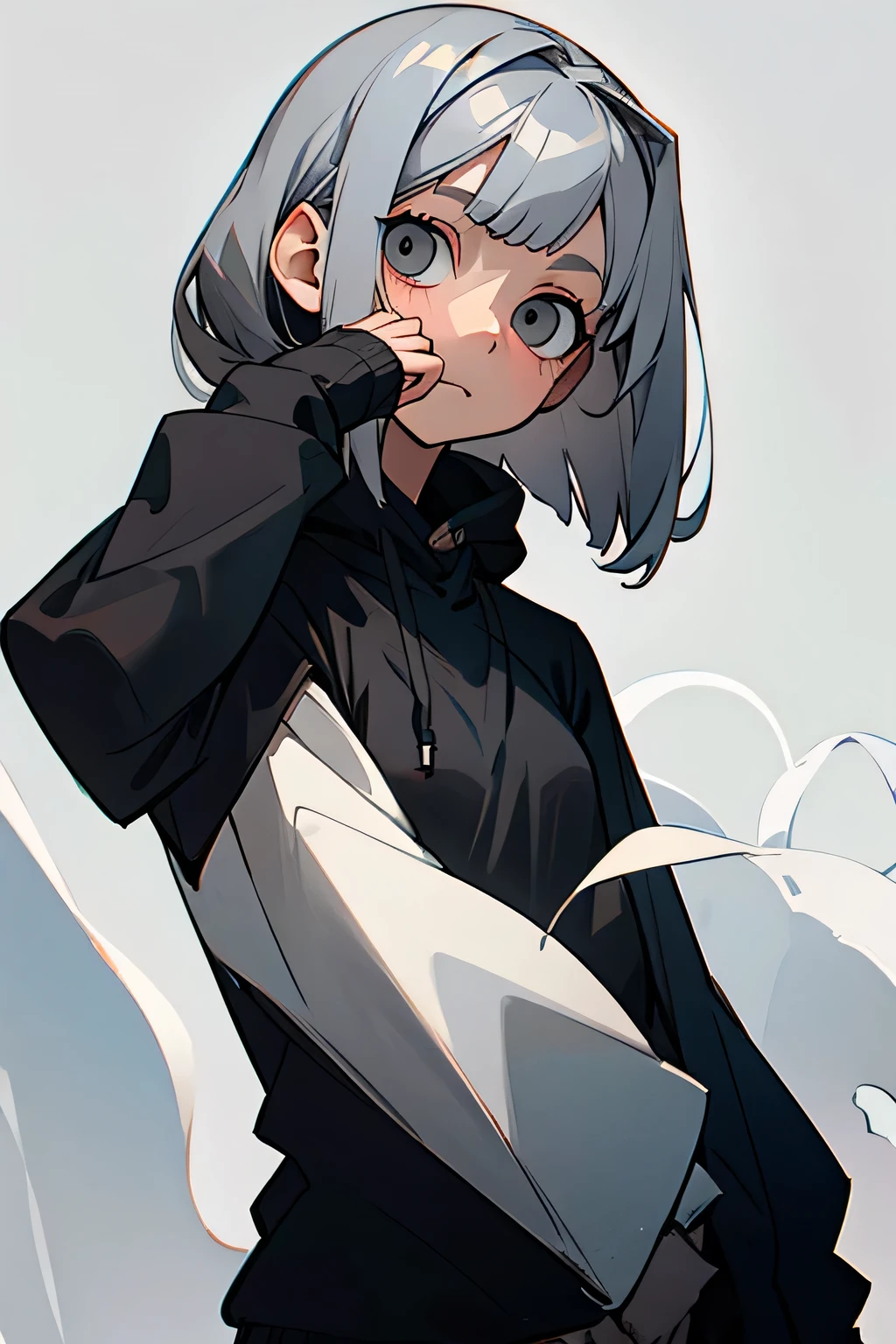 【highest quality】 [1 girl, positive, gray hair, Slender beauty,straight hair, short hair , (Gray white background:1.5), No smile,front、girl wearing a black hoodie、 darkness、dark、bust shot、Empty-handed、simple、no background、Attach nothing、have nothing、put down hands、目線front、look at the camera