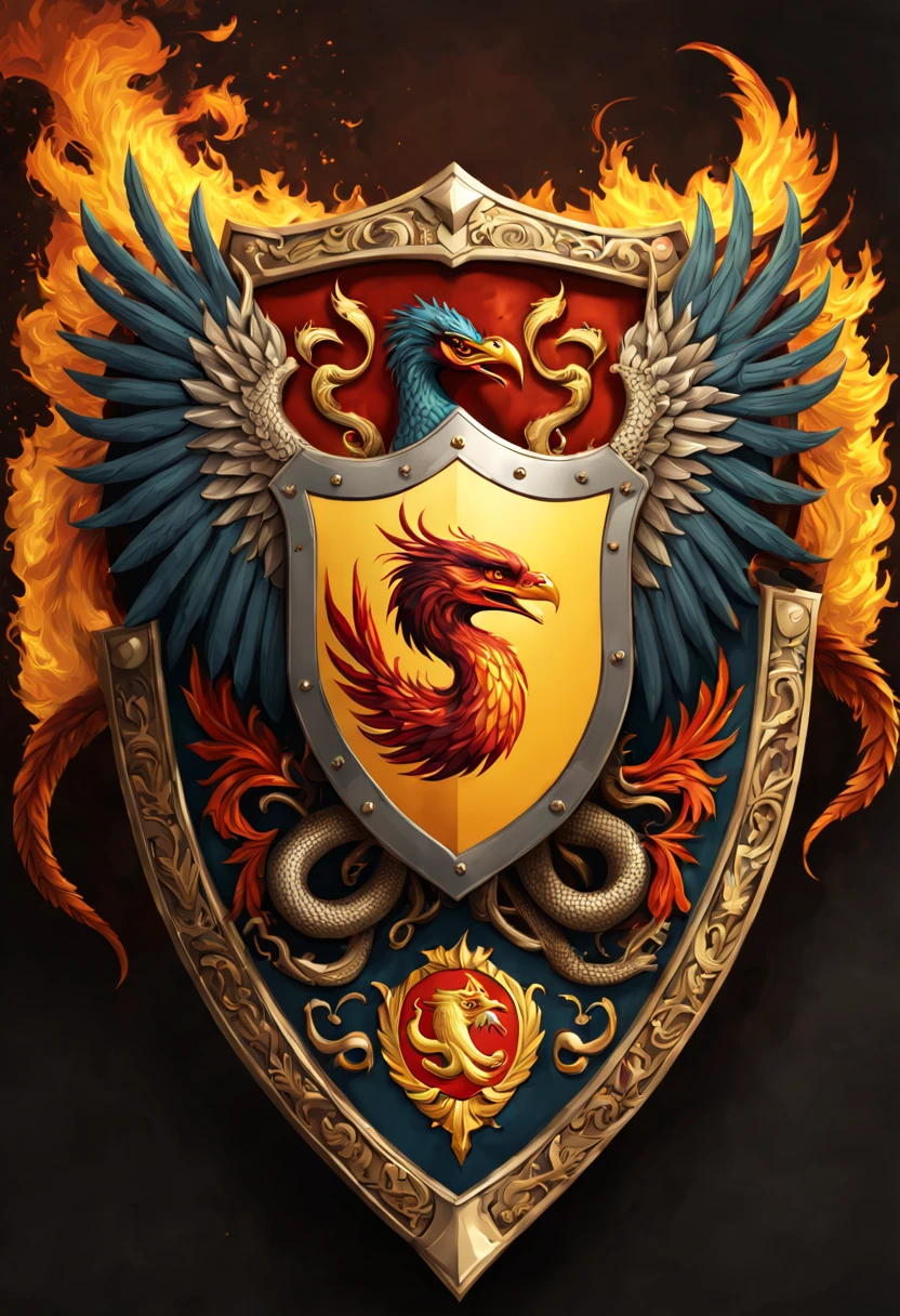 a battle shield with coat of arms using a phoenix bird and fanged snake theme, fire in the background, highly intricate, beautiful, maximalist, hyperdetailed, trending on Artstation